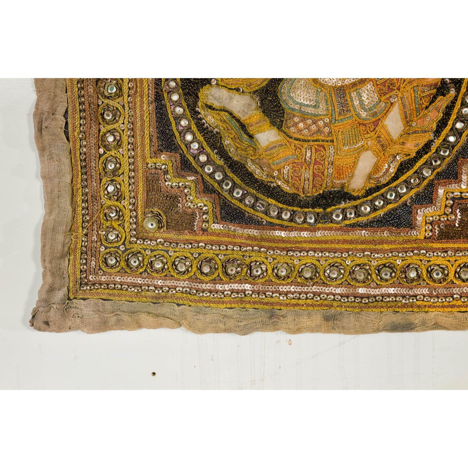 19th Century Kalaga Tapestry with Stones, Sequins and Colorful Thread