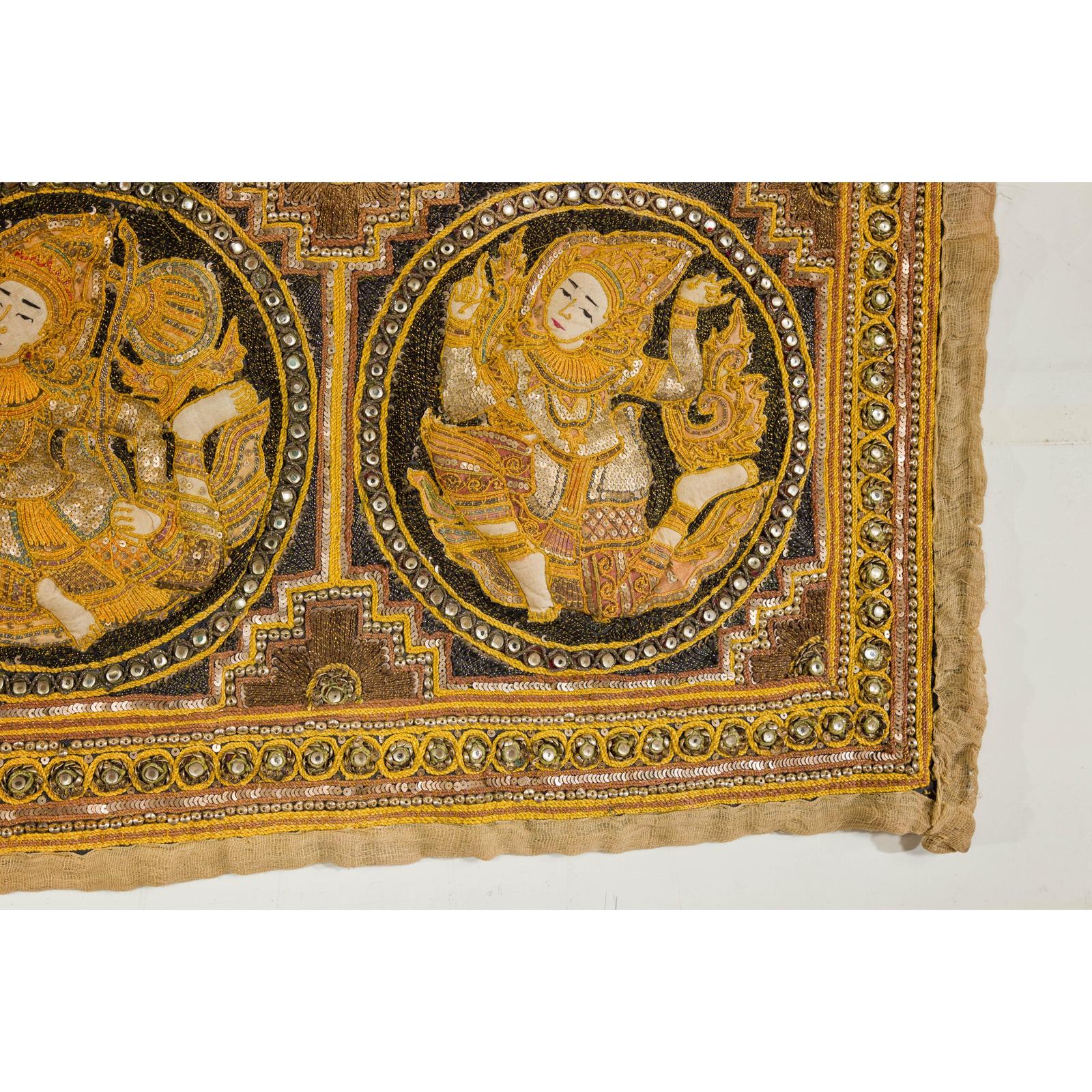 19th Century Kalaga Tapestry with Stones, Sequins and Colorful Thread