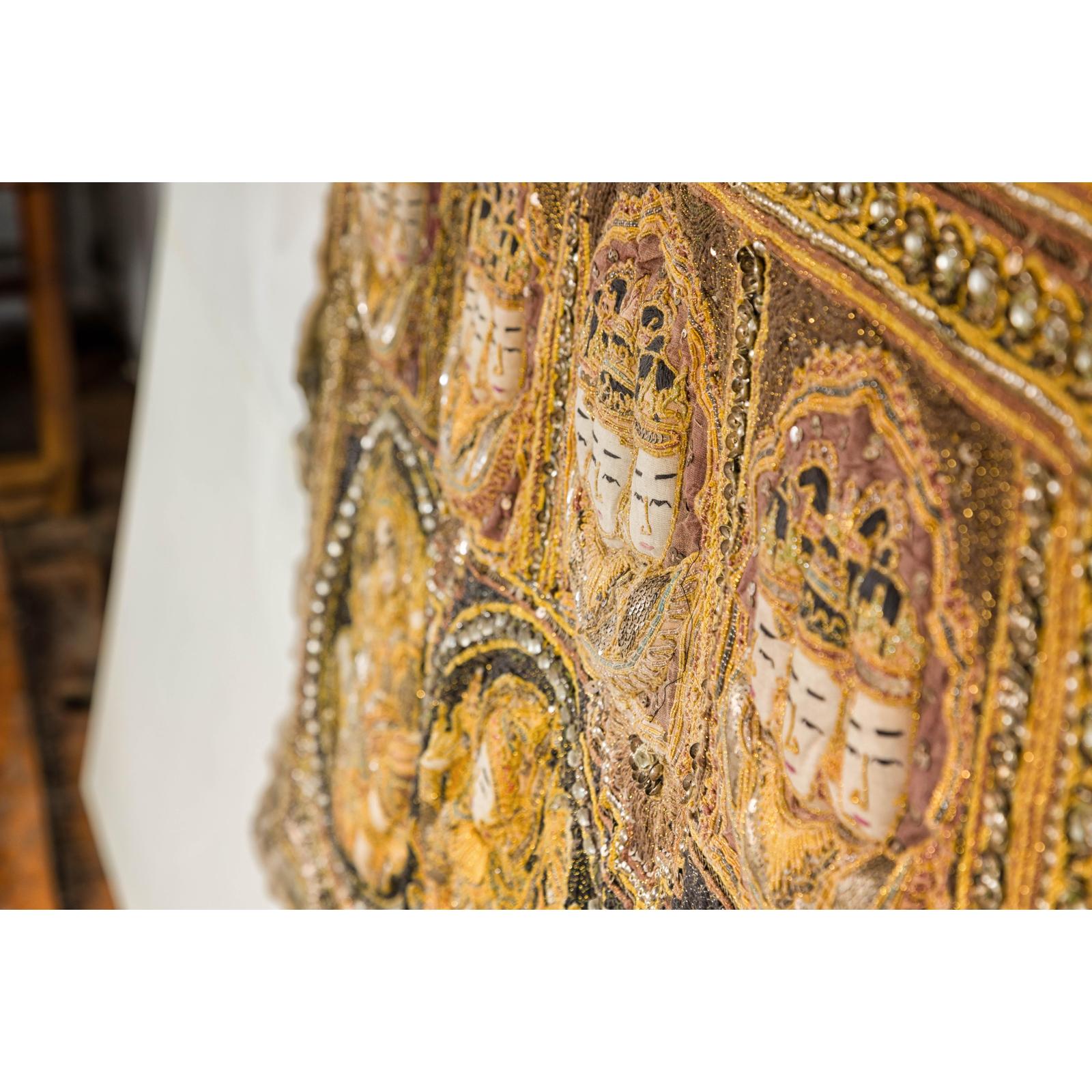 19th Century Kalaga Tapestry with Stones, Sequins and Colorful Thread