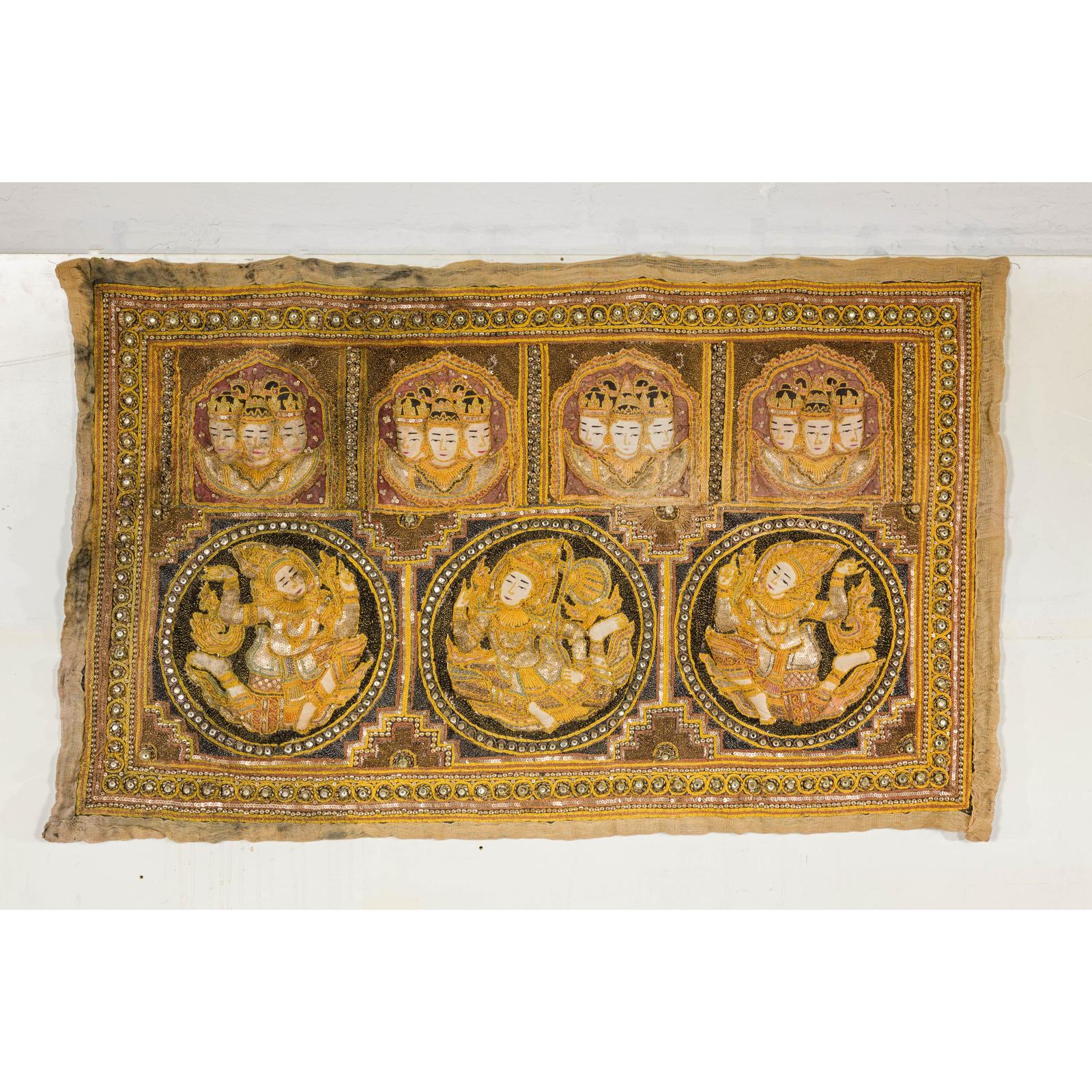 19th Century Kalaga Tapestry with Stones, Sequins and Colorful Thread
