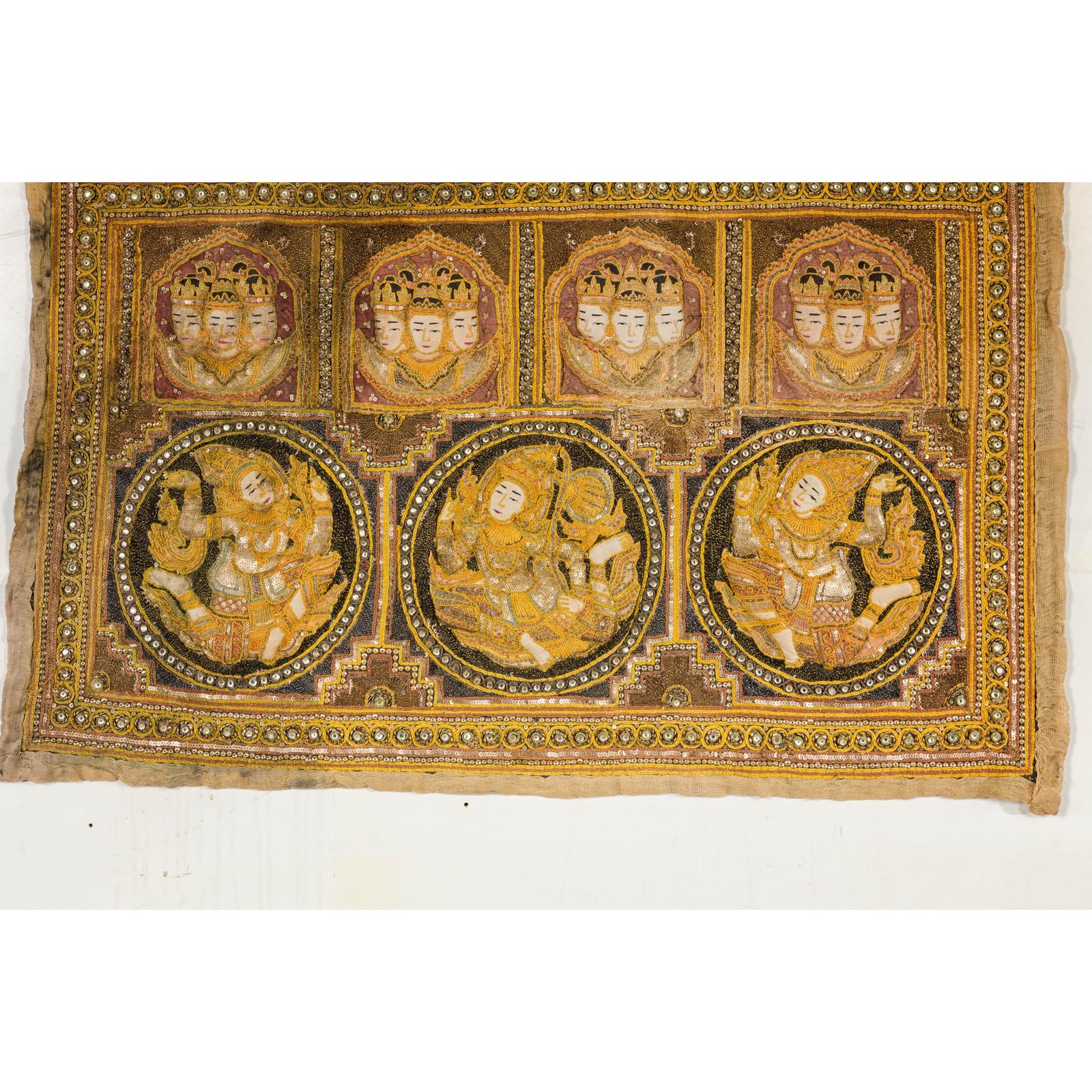 19th Century Kalaga Tapestry with Stones, Sequins and Colorful Thread