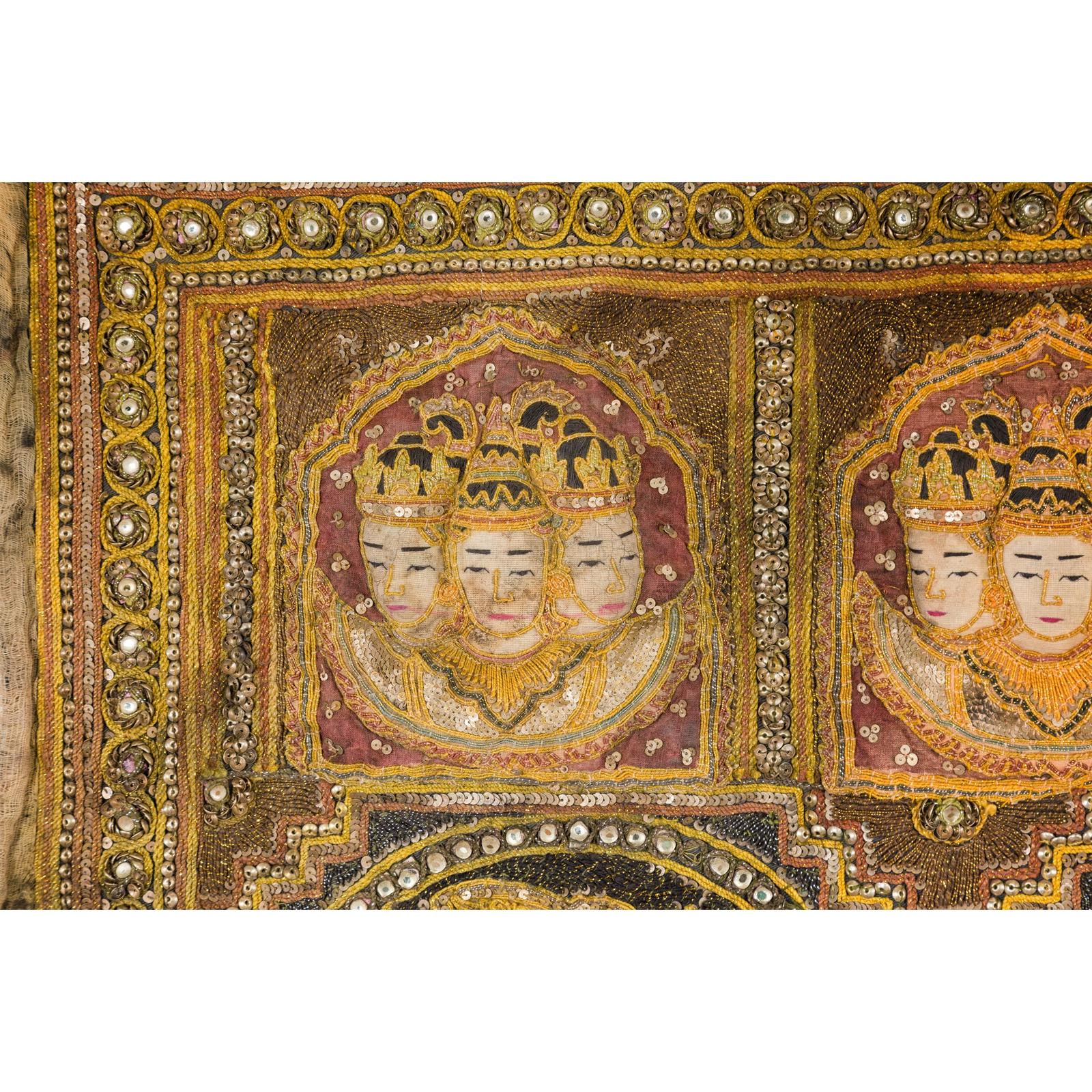 19th Century Kalaga Tapestry with Stones, Sequins and Colorful Thread