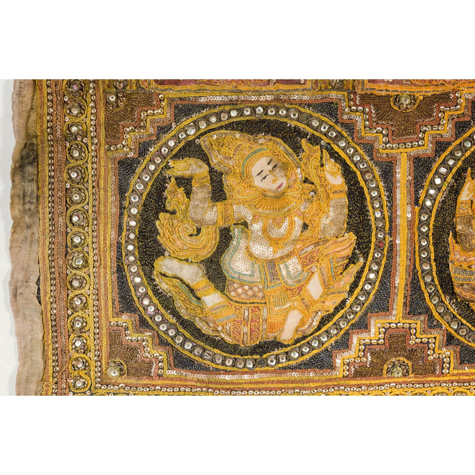 19th Century Kalaga Tapestry with Stones, Sequins and Colorful Thread