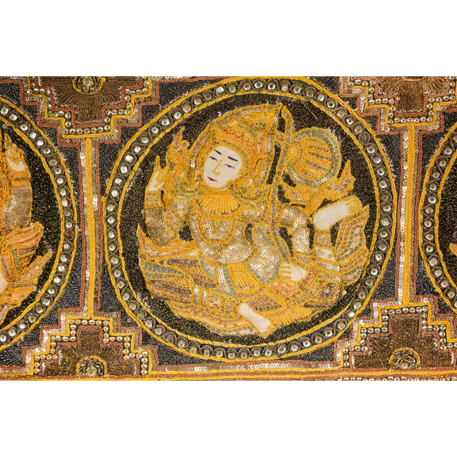 19th Century Kalaga Tapestry with Stones, Sequins and Colorful Thread