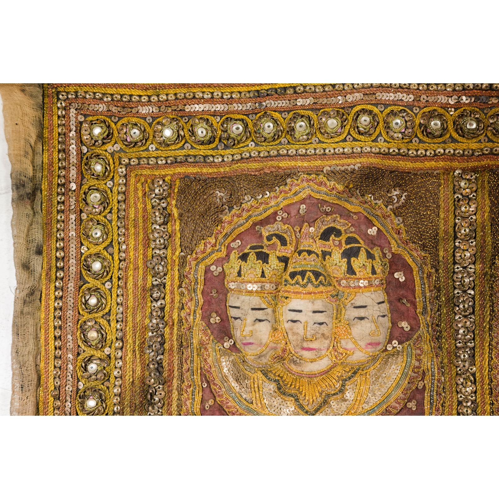 19th Century Kalaga Tapestry with Stones, Sequins and Colorful Thread