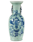 Pale green celadon porcelain vase with cobalt blue scholar images and decorative handles, 19th century, close-up.