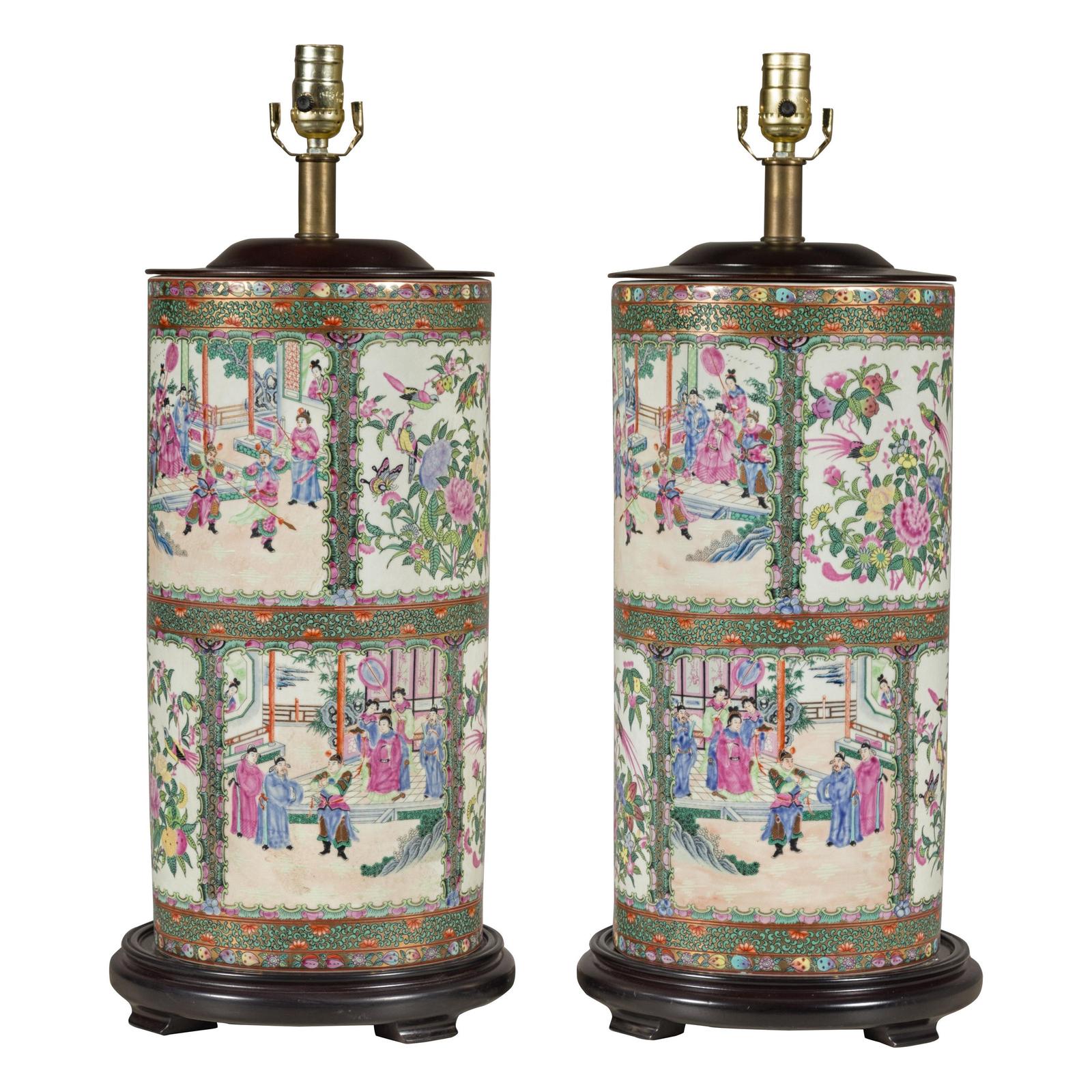 Pair of Round Hand-Painted Rose Medallion Table Lamps