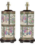 Pair of Round Hand-Painted Rose Medallion Table Lamps