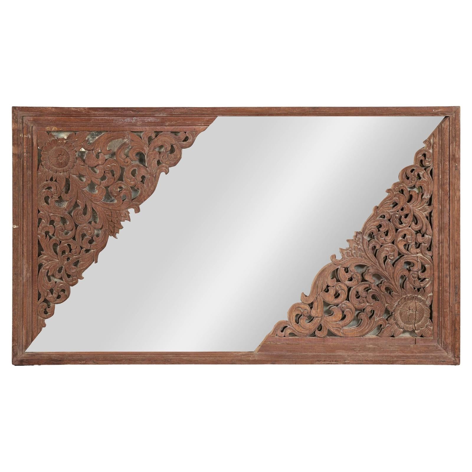 Antique Carved Hardwood Mirror with Floral Scrollwork, Early 20th Century