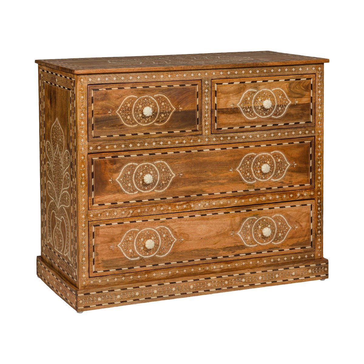 Anglo Indian Style Mango Wood Chest with Four Drawers and Floral Bone Inlay-19. Asian & Chinese Furniture, Art, Antiques, Vintage Home Décor for sale at FEA Home