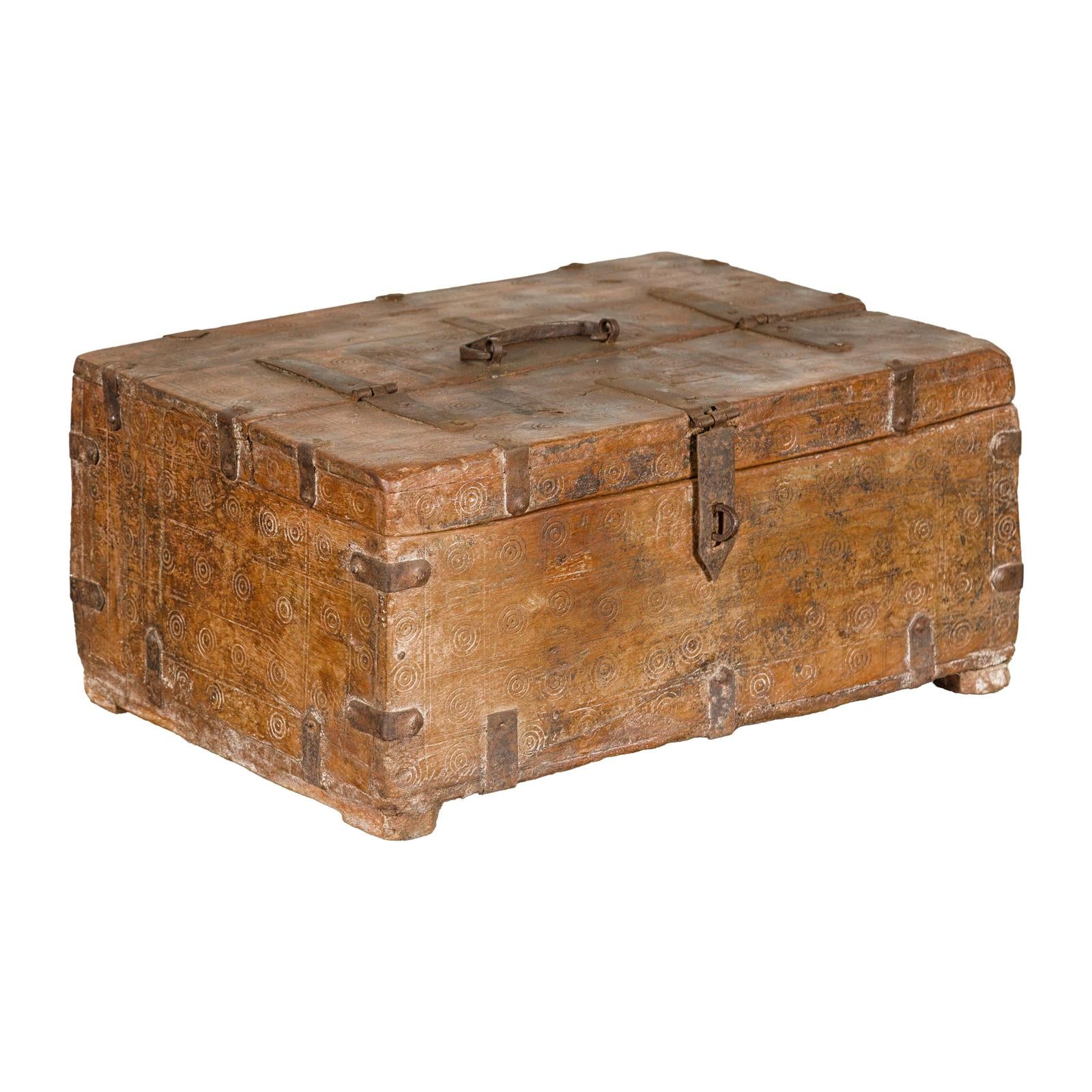 Antique Document Box with Incised Concentric Motifs and Partial Opening Top