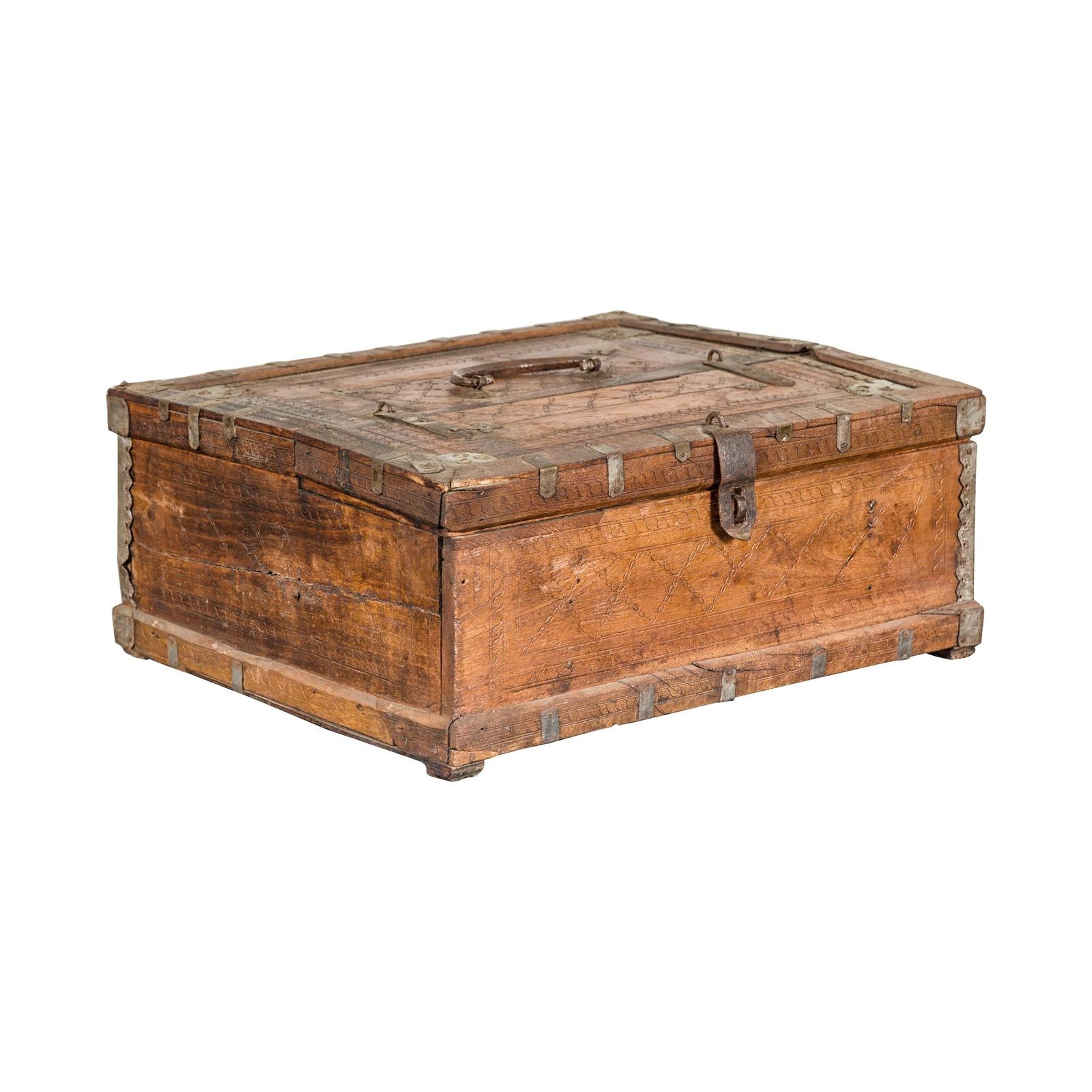 Antique Wooden Box with Diamond Motifs and Wave Patterns