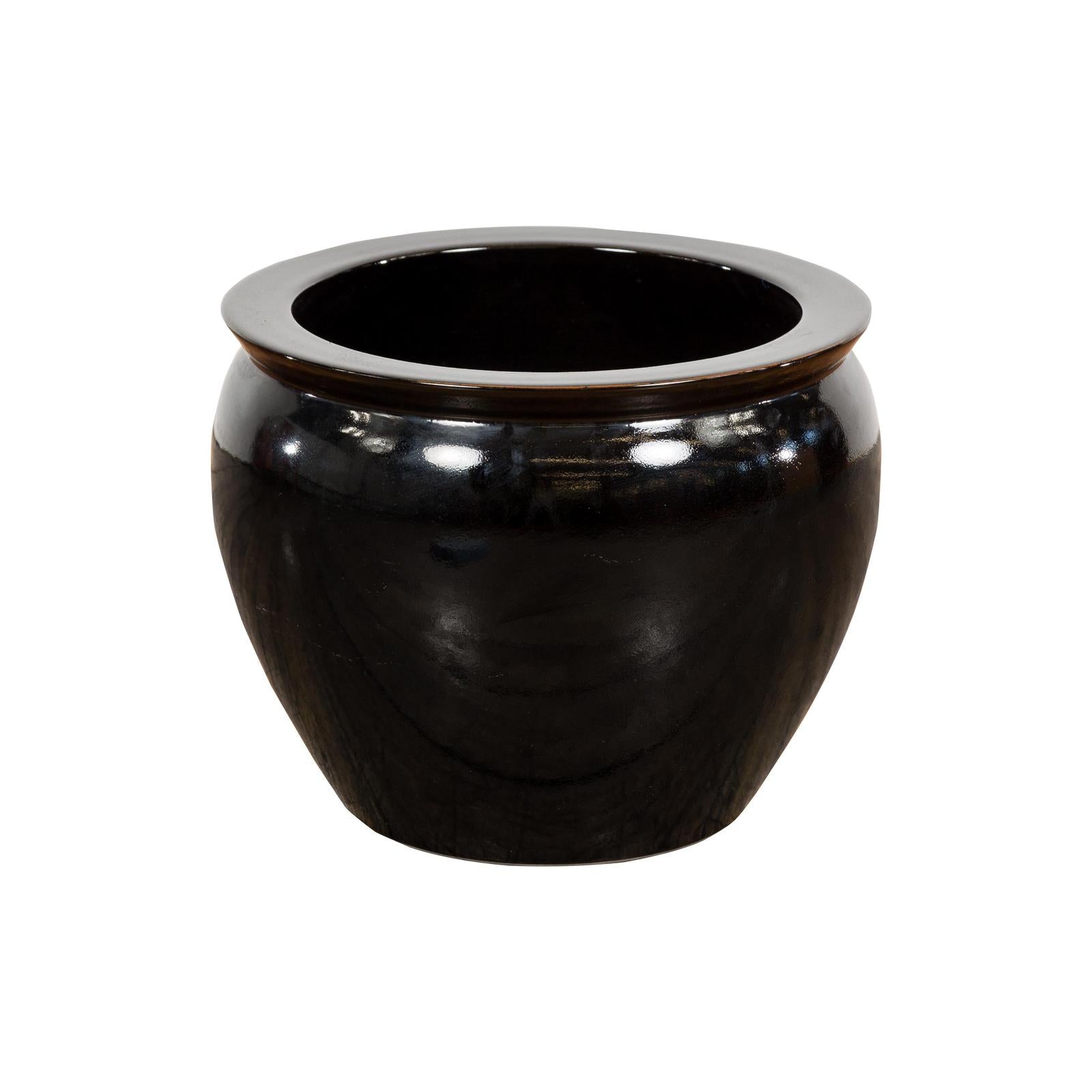 Round Vintage Black Glazed Ceramic Planter