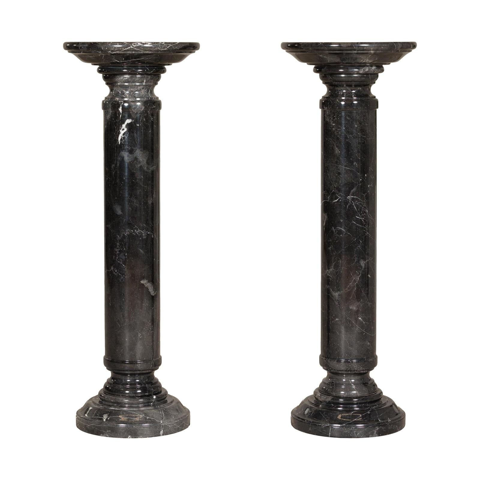 Vintage Black Marble Column Pedestal with White Veining, Sold Individually