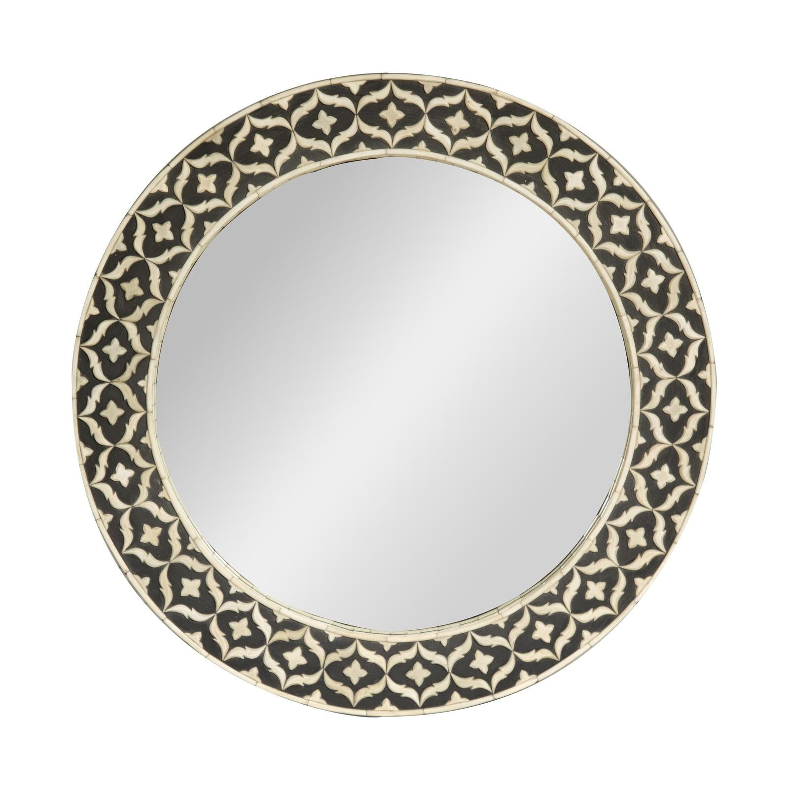 Bone Inlay Black and White Round Mirror with Floral Motifs