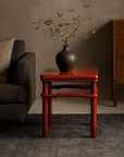 Dark ceramic vase with leafy branches on red square side table beside gray sofa and wooden dresser.