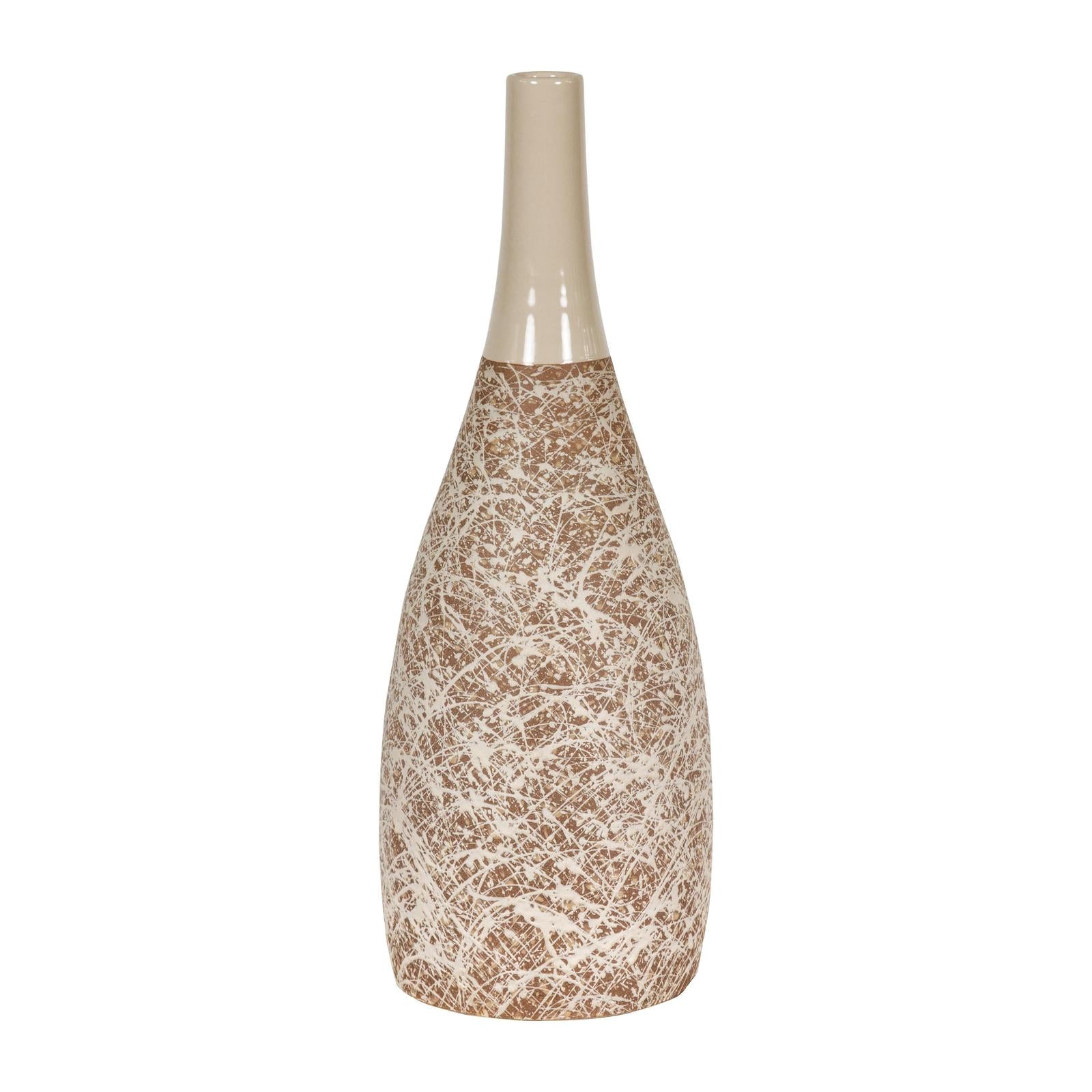 Hand-Crafted Artisan Bottle Shaped Brown and Cream Ceramic Vase with Dripping
