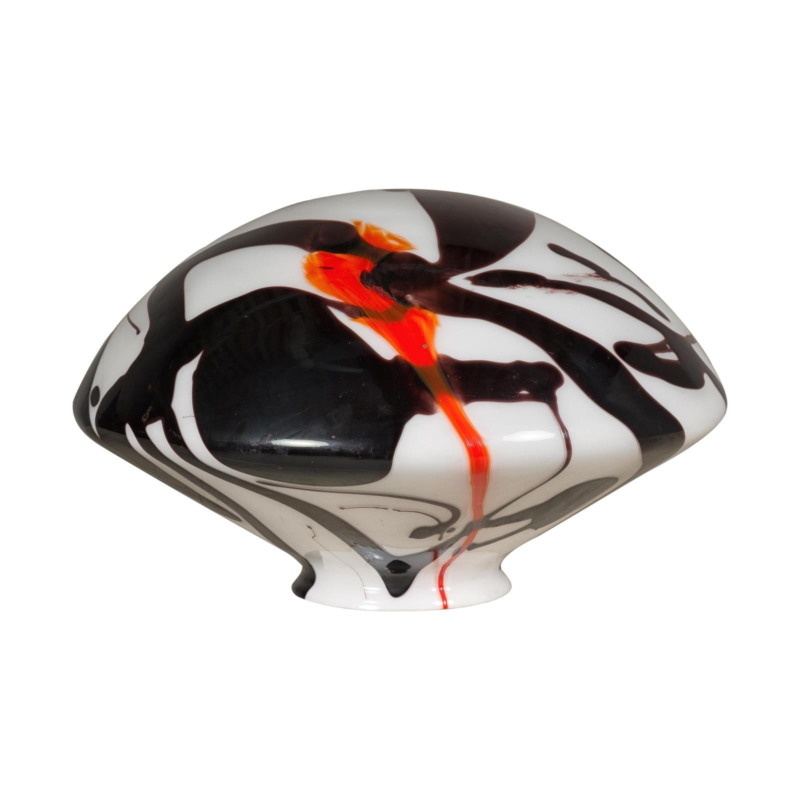 Blown Glass Dome with White, Black & Orange Abstract Décor