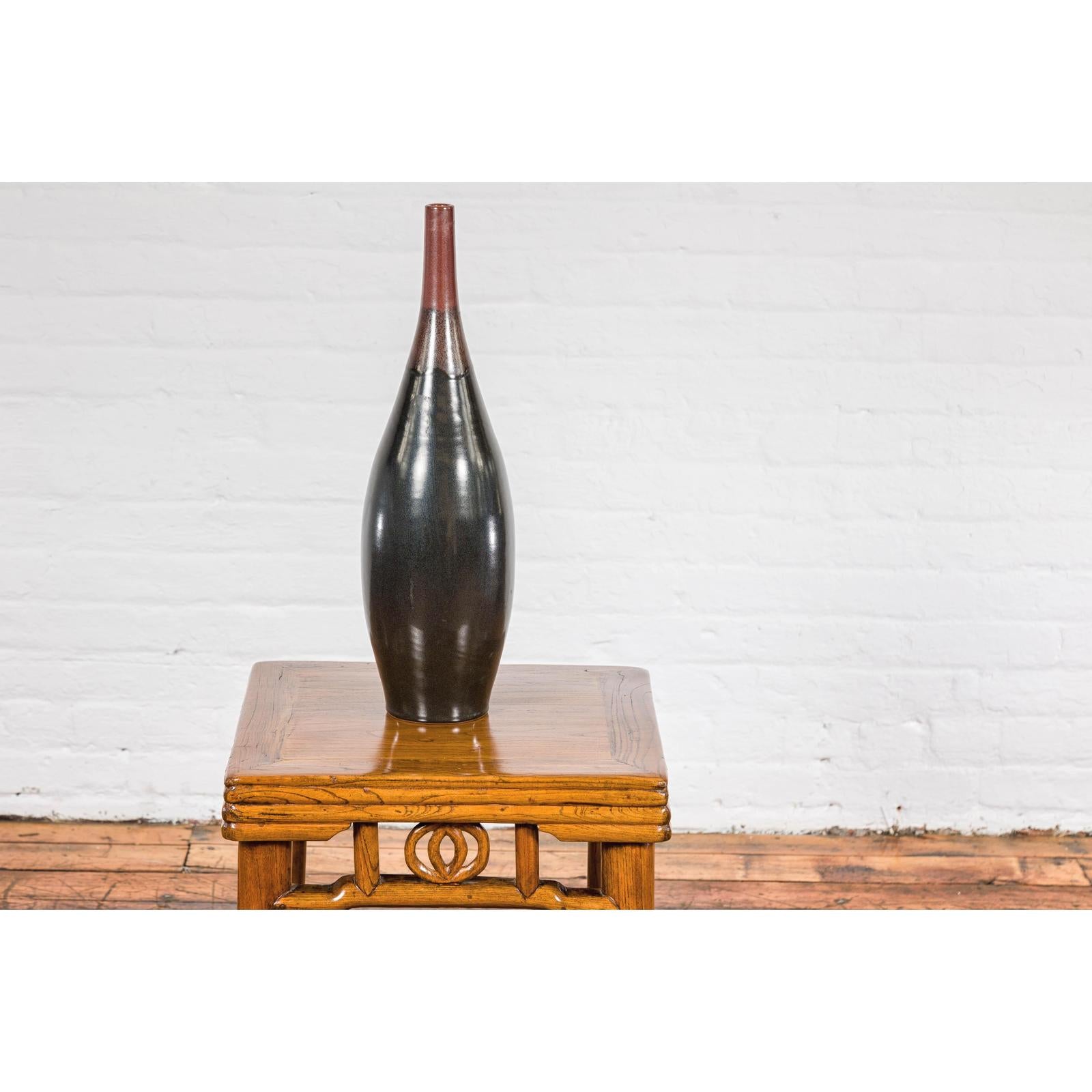 Sleek Multi-Color Glazed Red, Brown and Black Ceramic Vase with Narrow Mouth