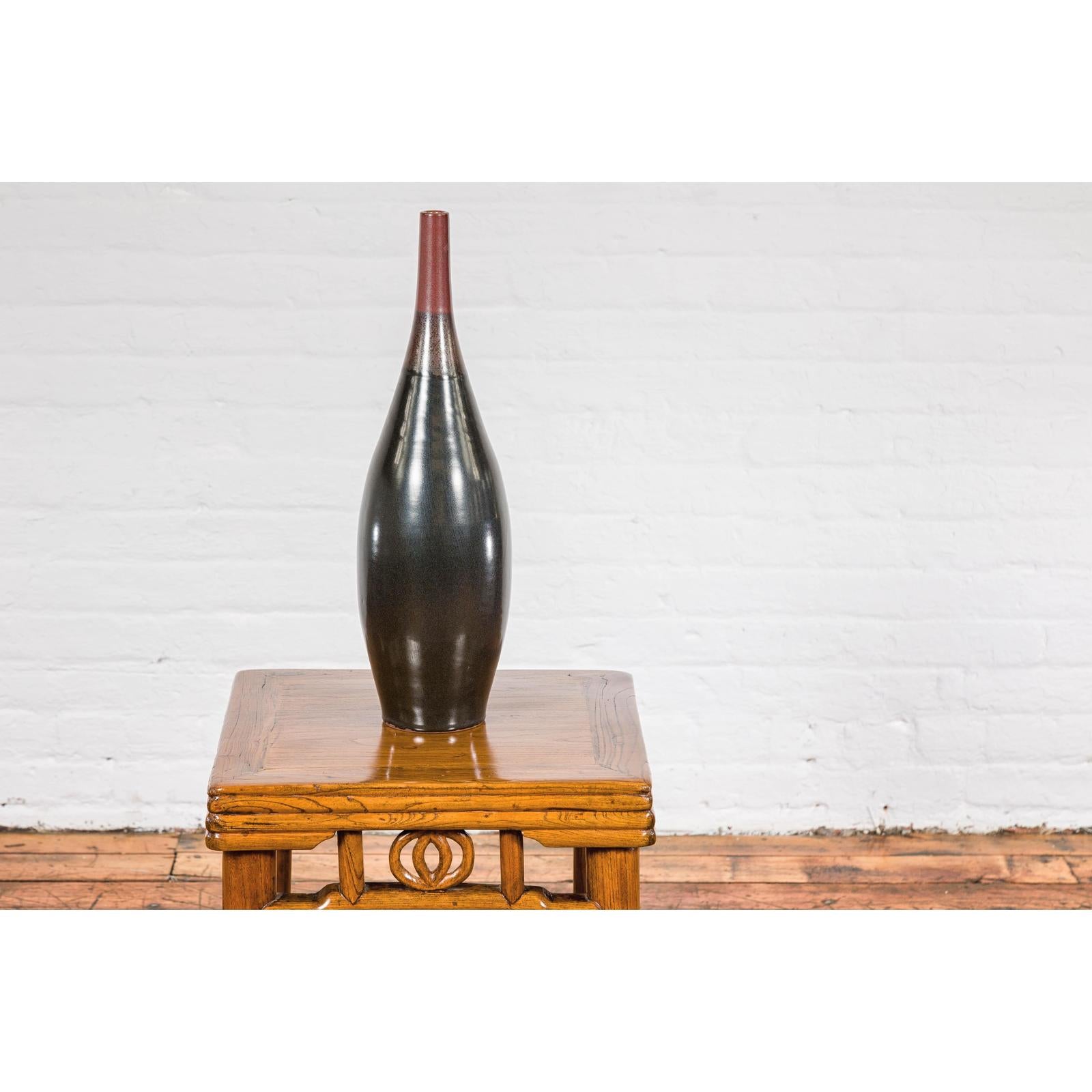 Sleek Multi-Color Glazed Red, Brown and Black Ceramic Vase with Narrow Mouth