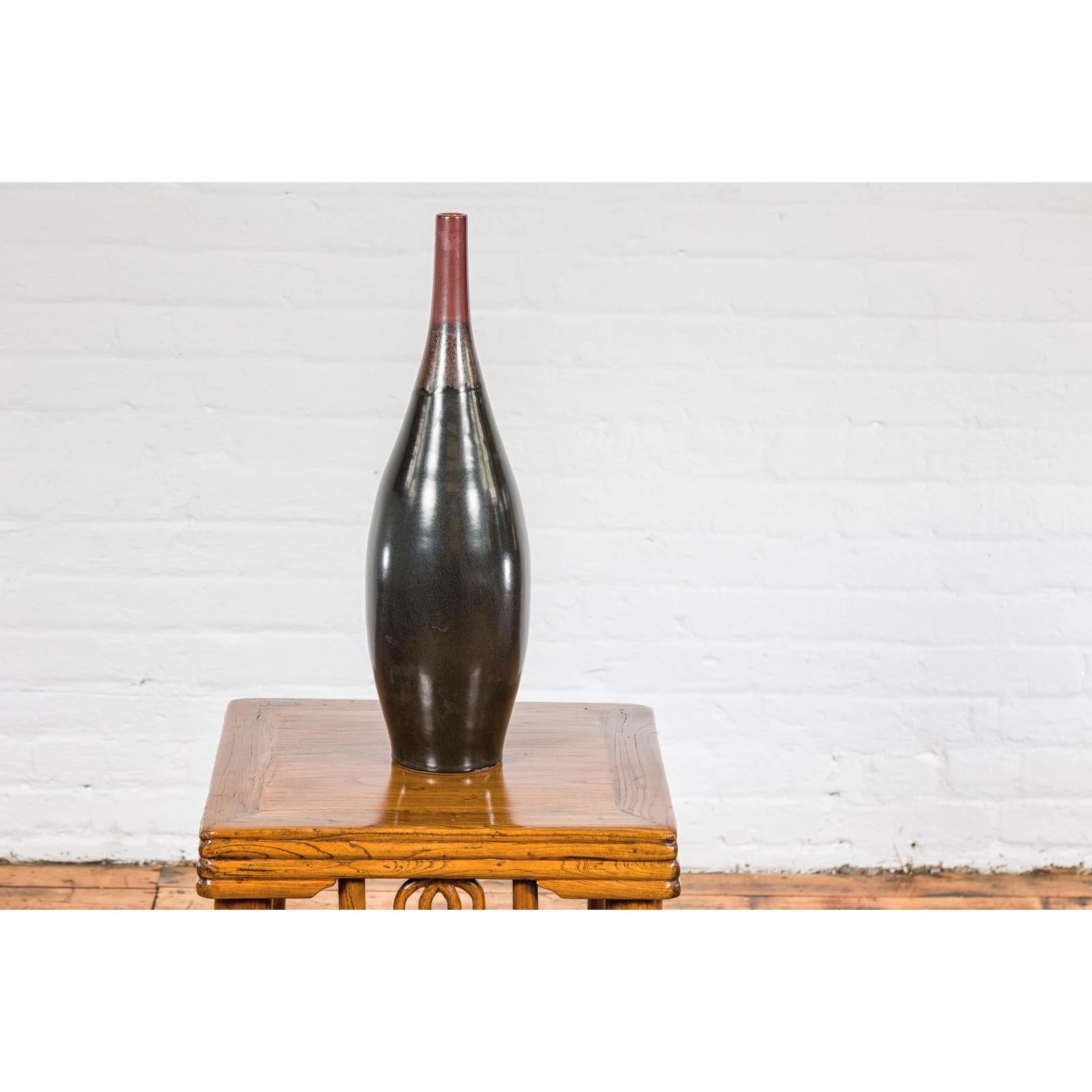 Sleek Multi-Color Glazed Red, Brown and Black Ceramic Vase with Narrow Mouth