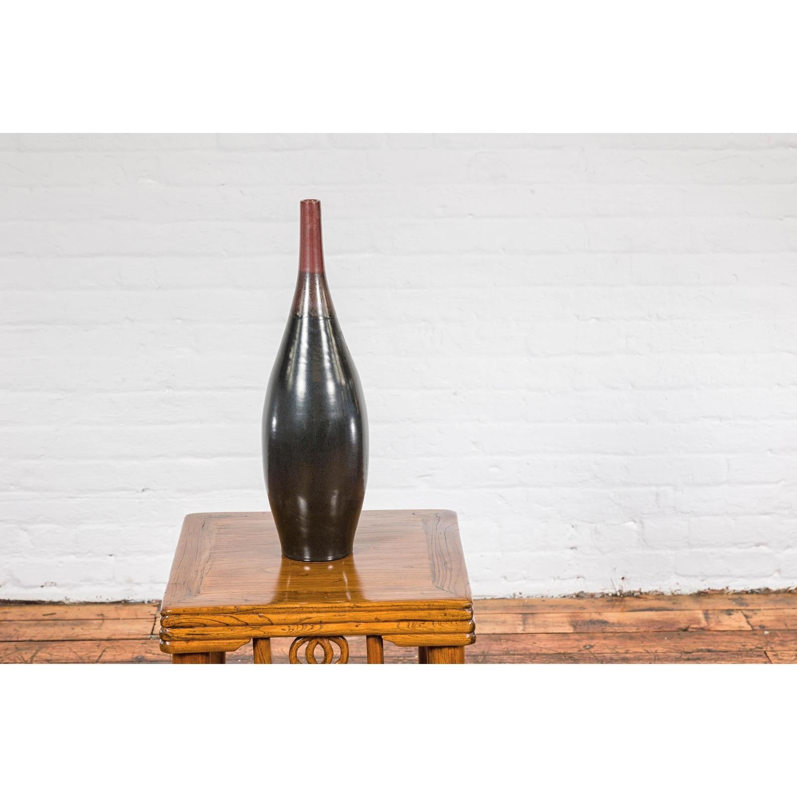 Sleek Multi-Color Glazed Red, Brown and Black Ceramic Vase with Narrow Mouth