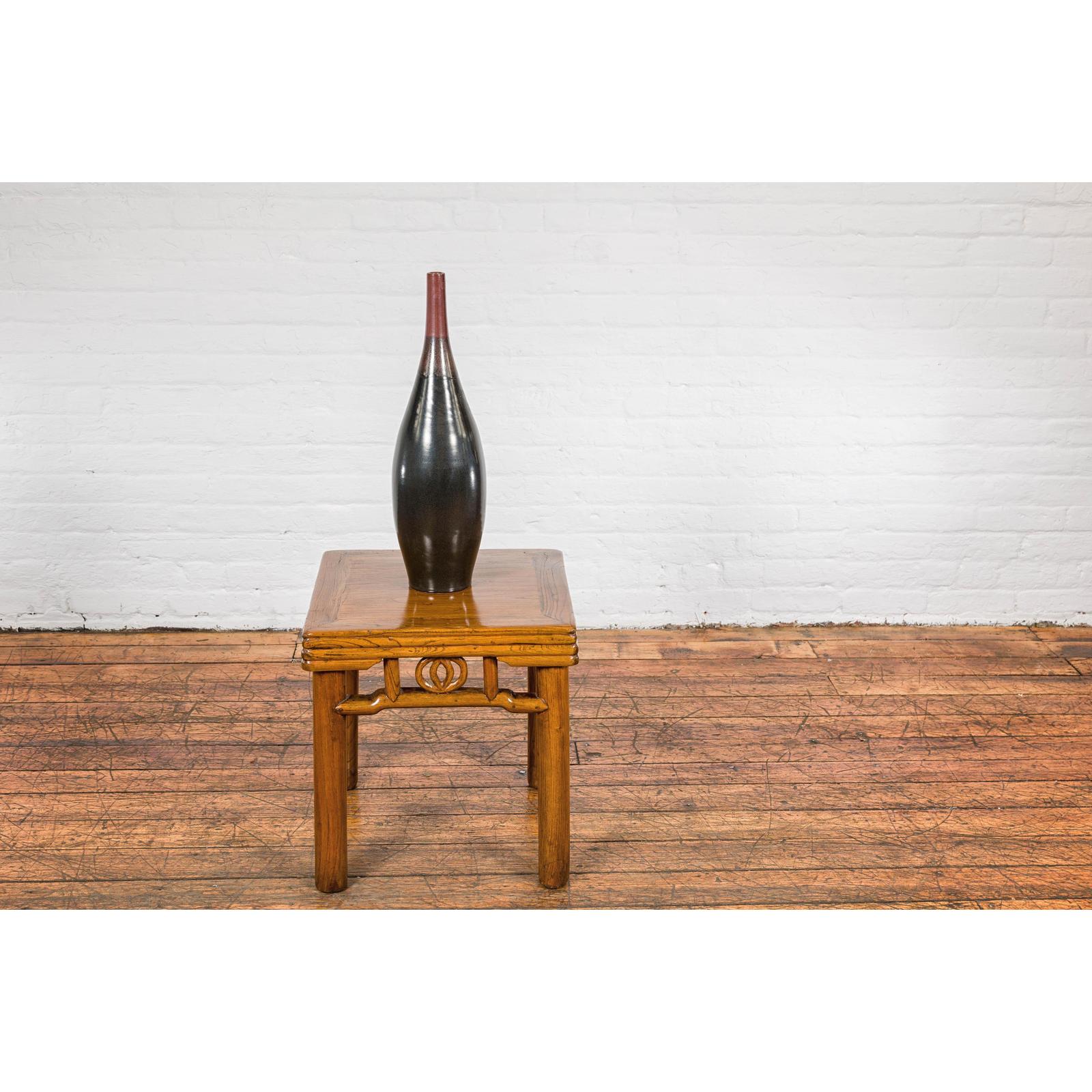 Sleek Multi-Color Glazed Red, Brown and Black Ceramic Vase with Narrow Mouth