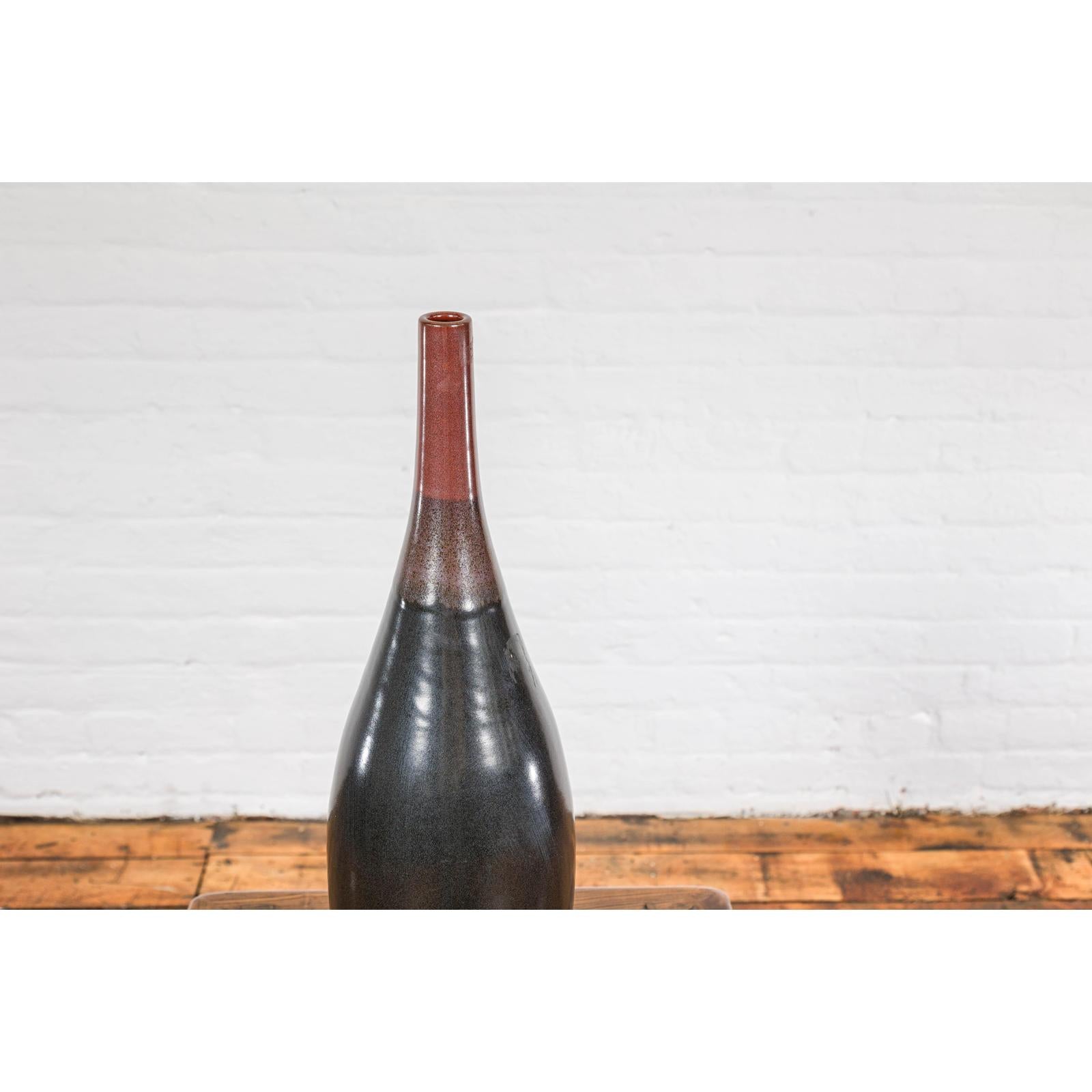 Sleek Multi-Color Glazed Red, Brown and Black Ceramic Vase with Narrow Mouth