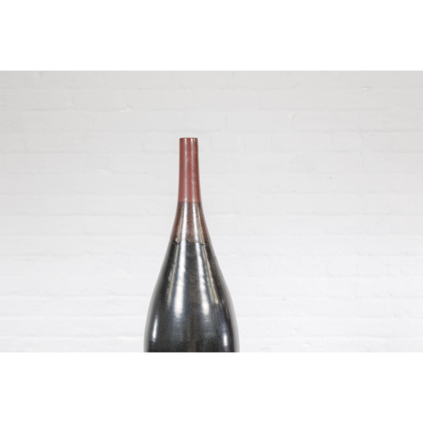 Sleek Multi-Color Glazed Red, Brown and Black Ceramic Vase with Narrow Mouth