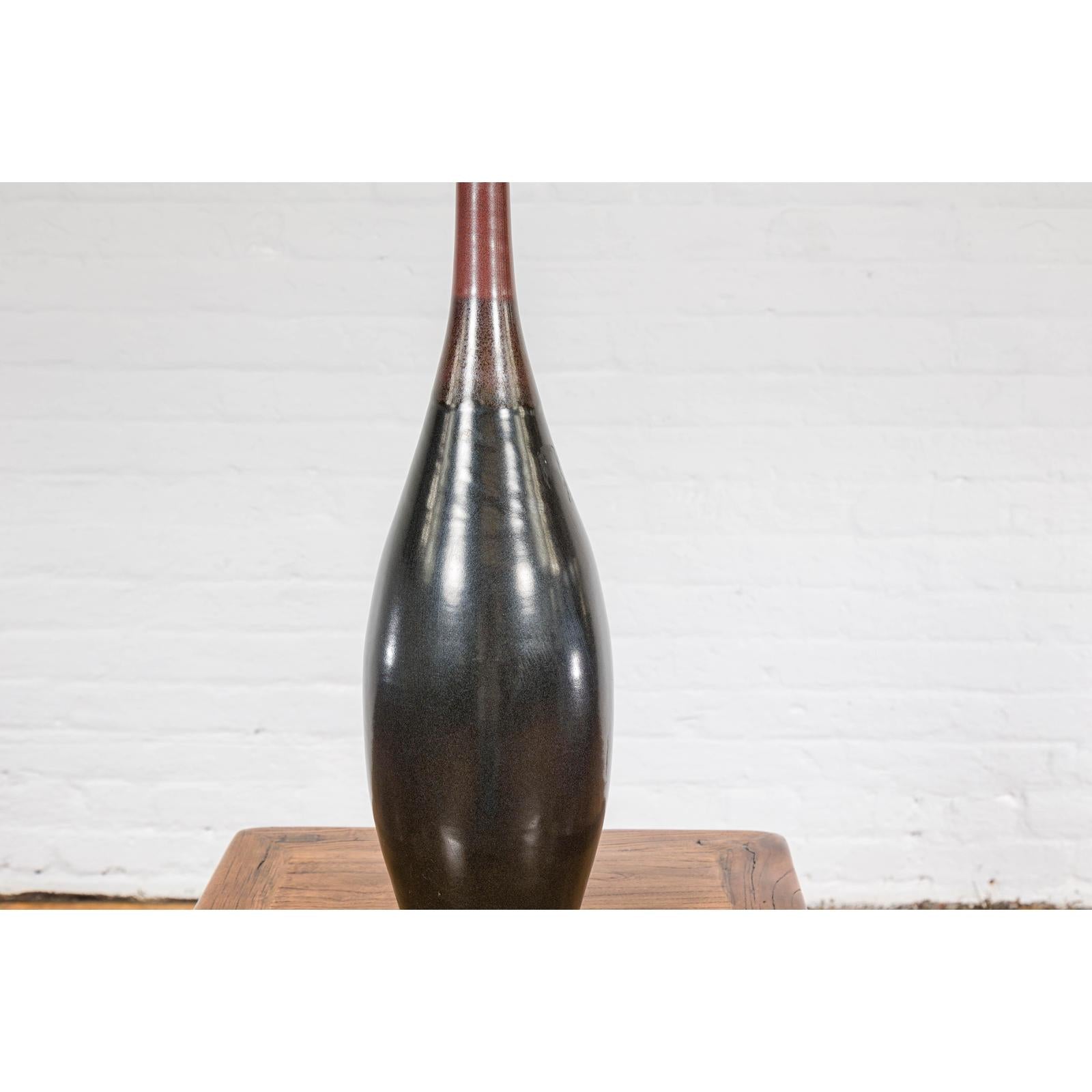Sleek Multi-Color Glazed Red, Brown and Black Ceramic Vase with Narrow Mouth