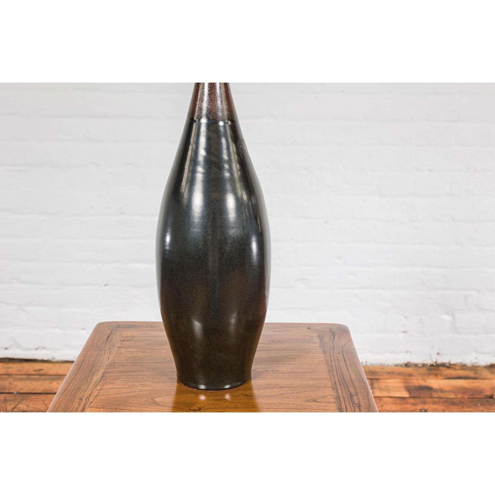 Sleek Multi-Color Glazed Red, Brown and Black Ceramic Vase with Narrow Mouth
