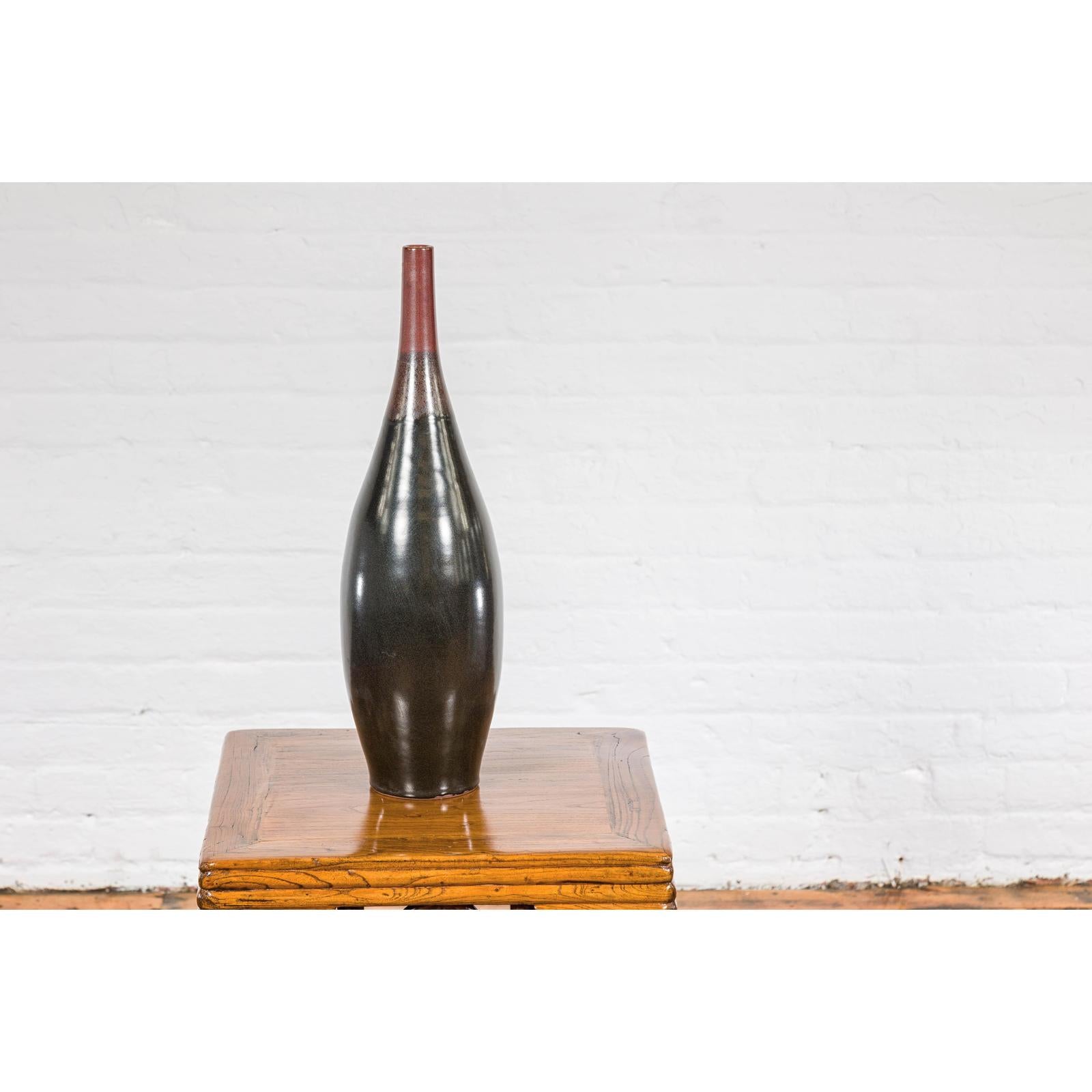 Sleek Multi-Color Glazed Red, Brown and Black Ceramic Vase with Narrow Mouth