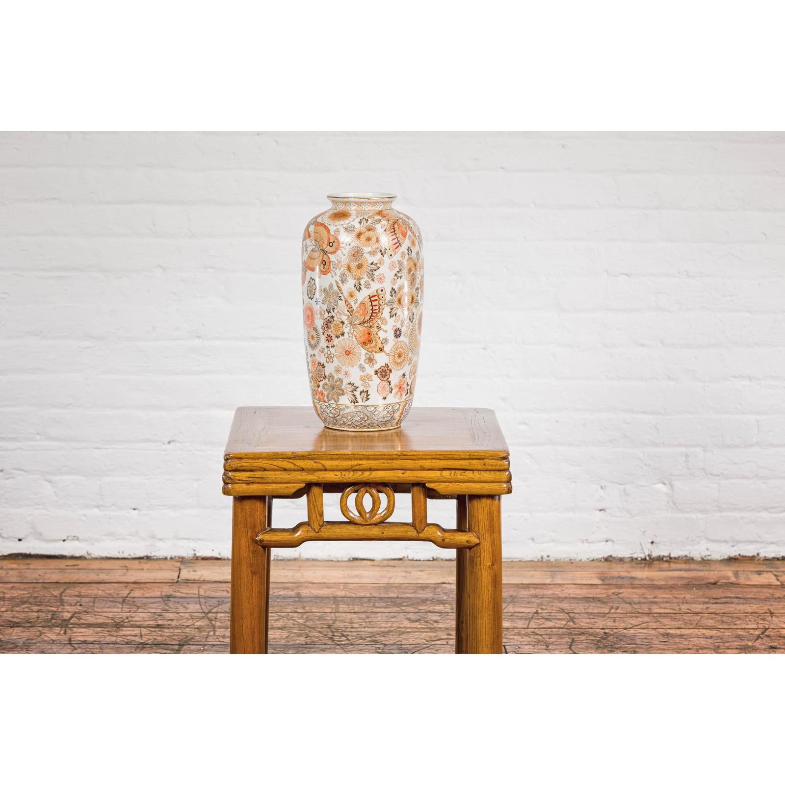 Chinese Vintage Japanese Kutani Style Vase with Flowers and Butterflies