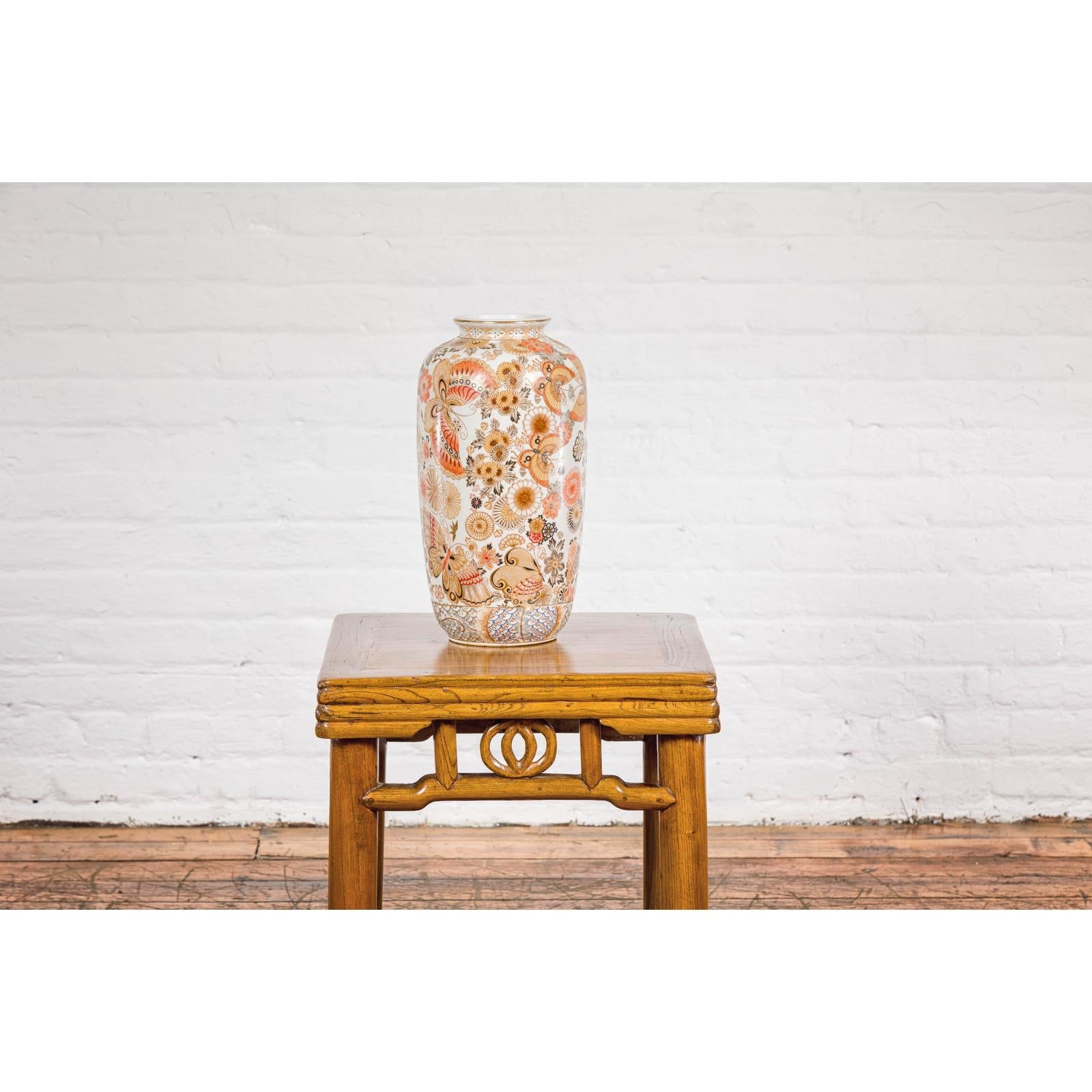 Chinese Vintage Japanese Kutani Style Vase with Flowers and Butterflies