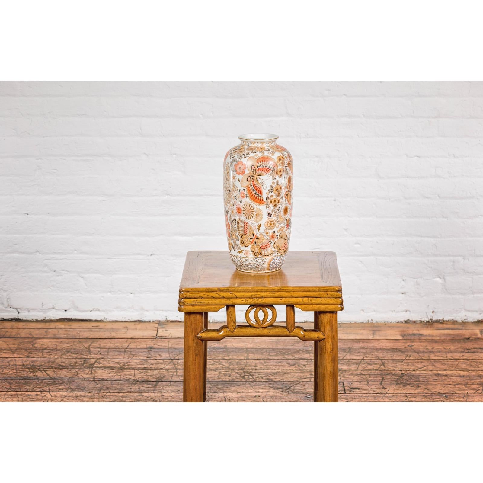 Chinese Vintage Japanese Kutani Style Vase with Flowers and Butterflies