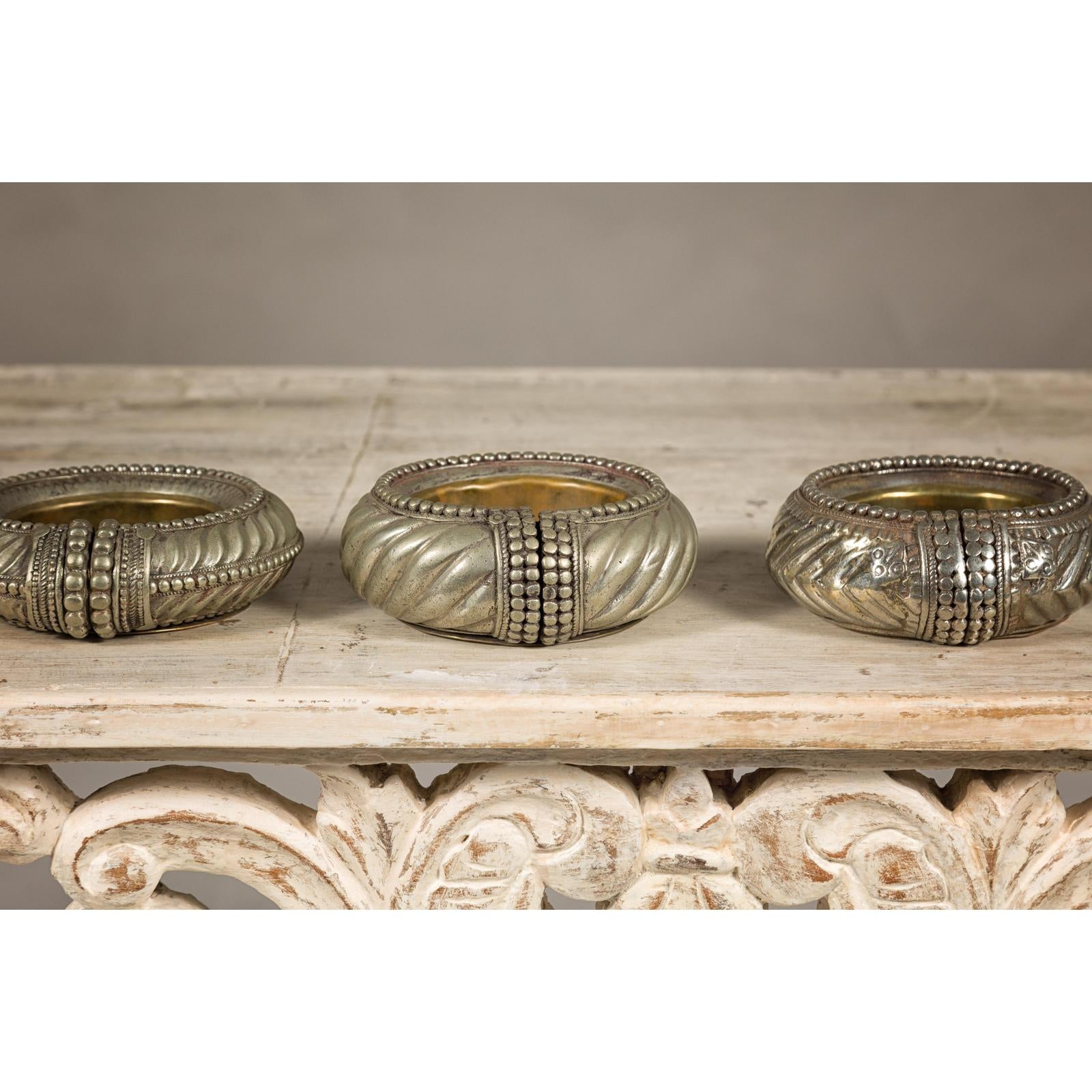 Assortment of Five Small Indian Repoussé Brass Decorative Dish Bowls