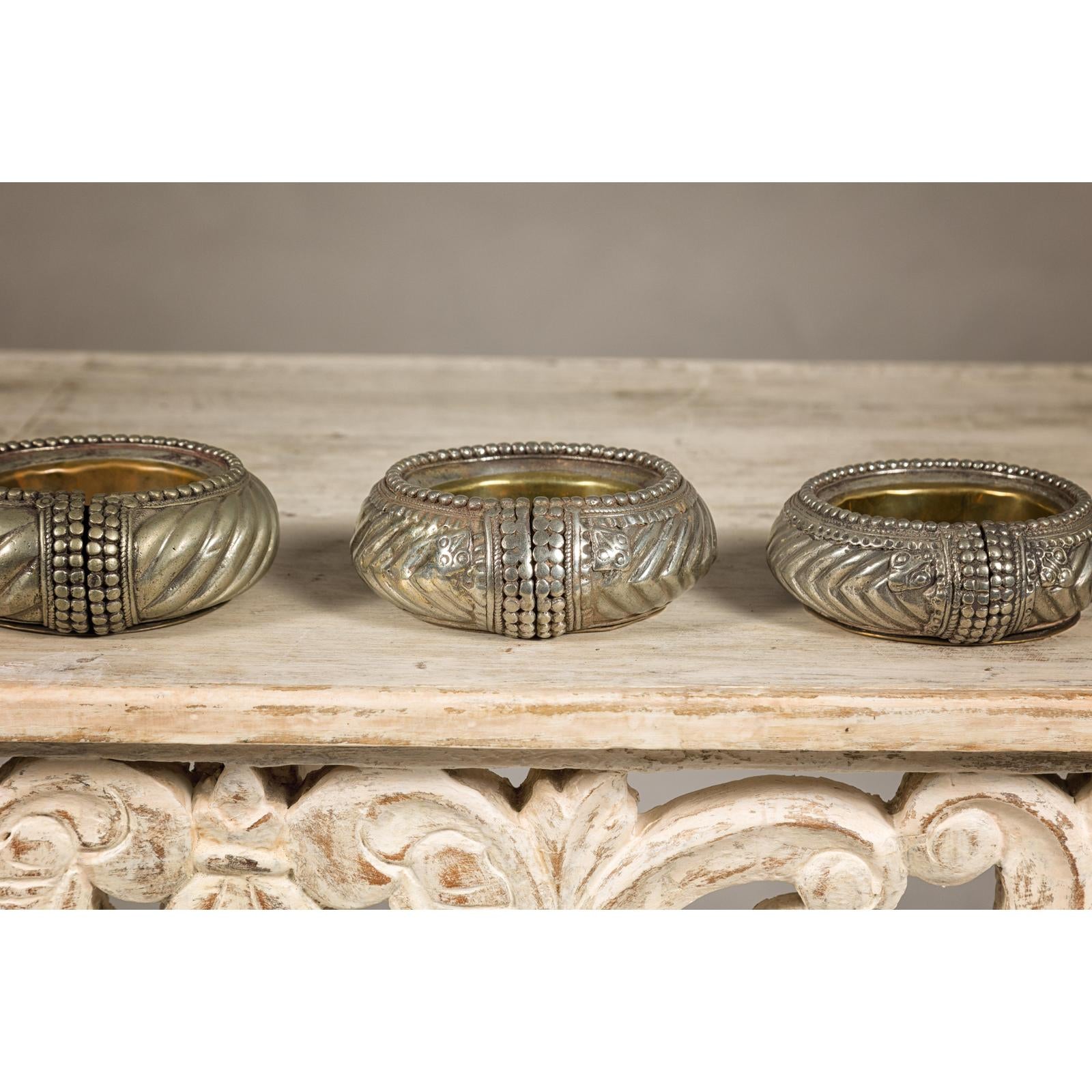 Assortment of Five Small Indian Repoussé Brass Decorative Dish Bowls