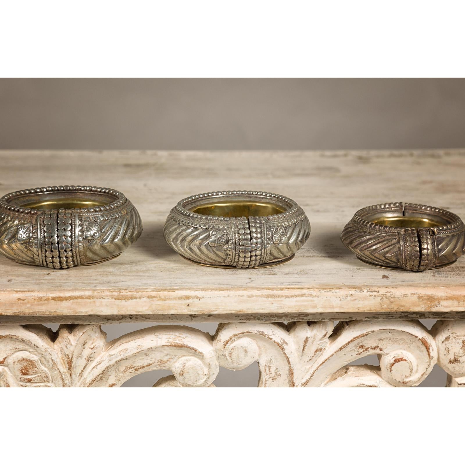Assortment of Five Small Indian Repoussé Brass Decorative Dish Bowls