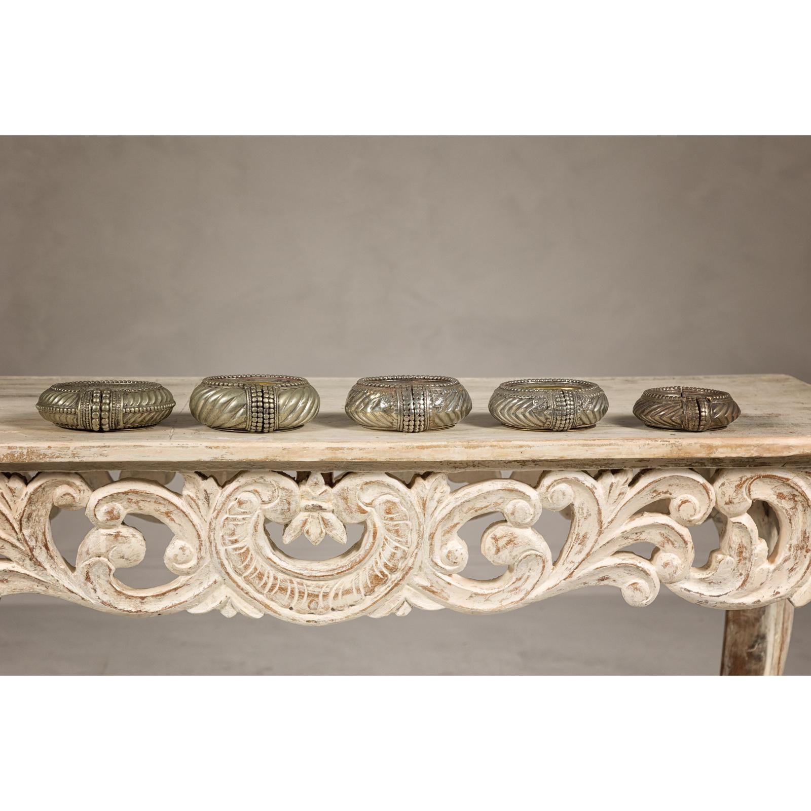 Assortment of Five Small Indian Repoussé Brass Decorative Dish Bowls