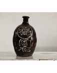 Late Qing Dynasty Ceramic Wine Jug with Calligraphy and Dark Glaze