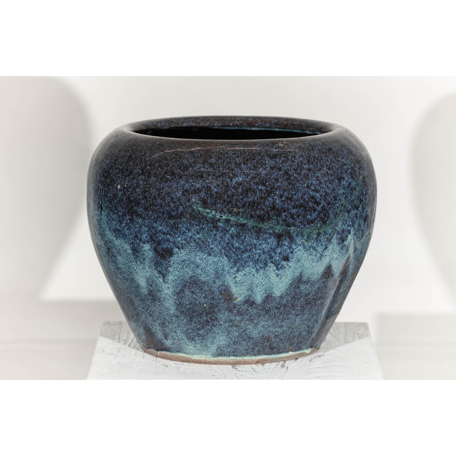 Large Blue and Aqua Glazed Ceramic Planter with Rounded Form