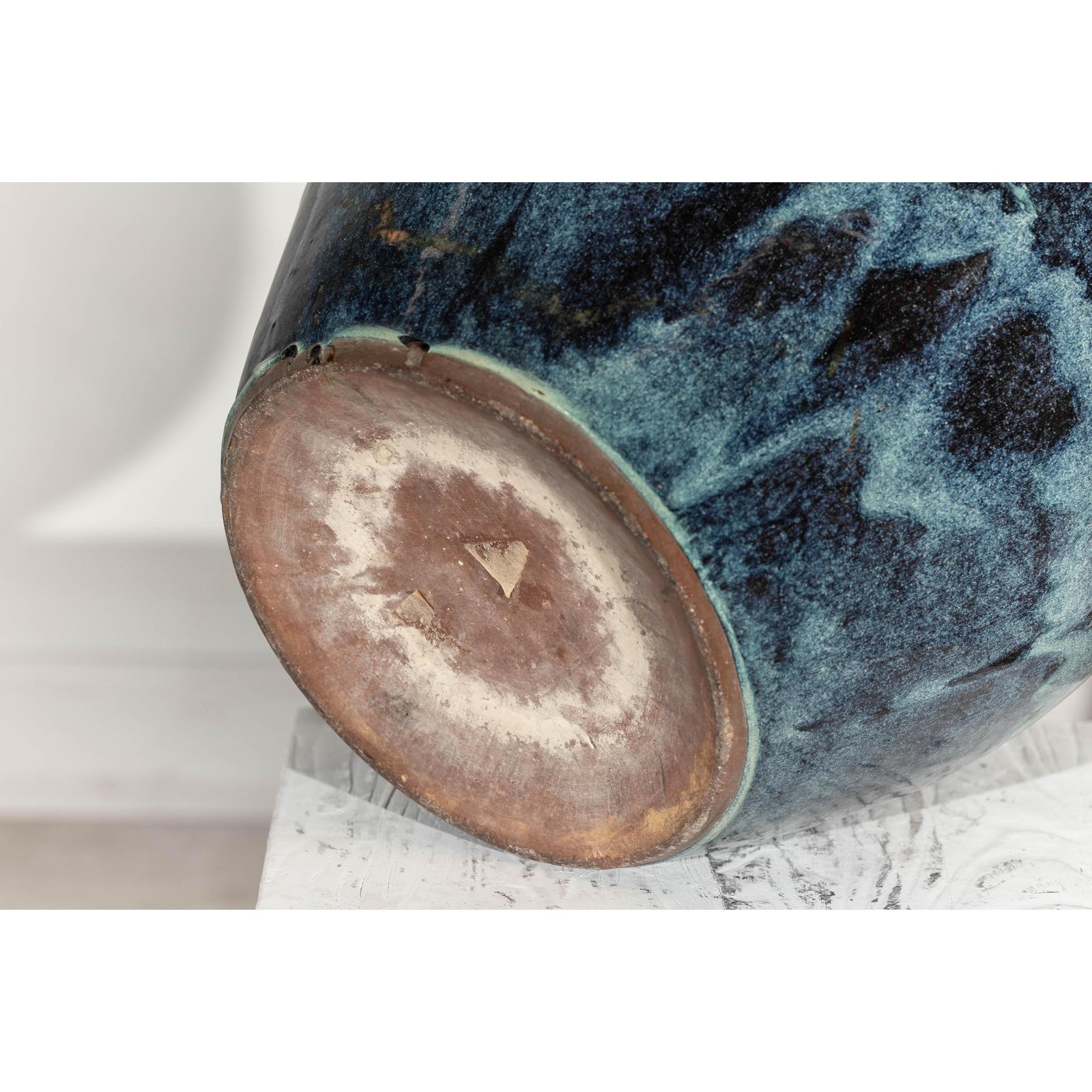 Large Blue and Aqua Glazed Ceramic Planter with Rounded Form