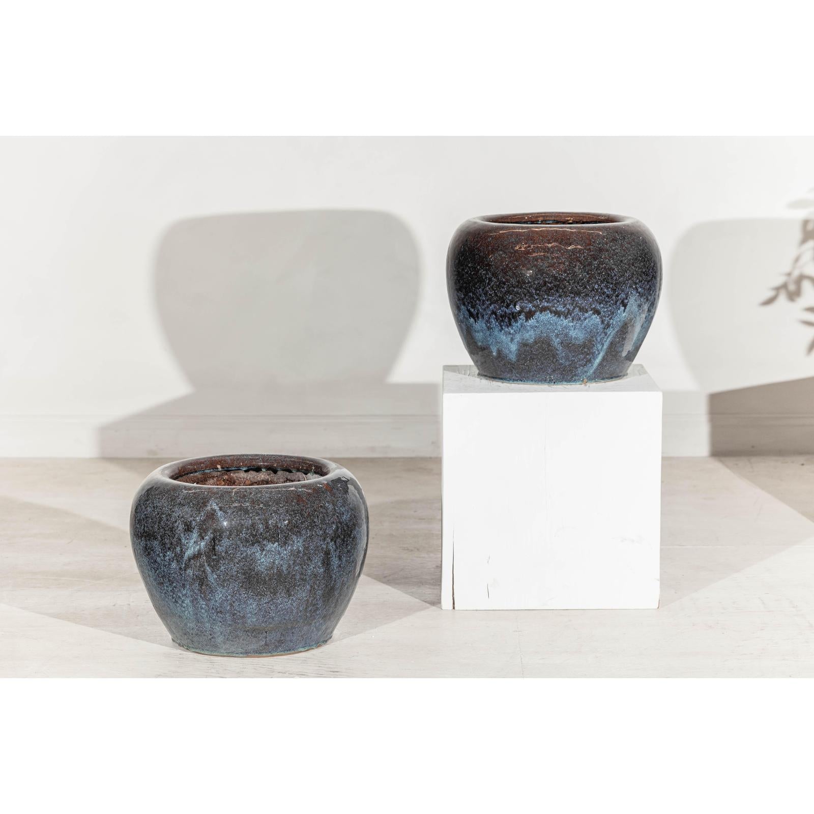 Large Blue and Aqua Glazed Ceramic Planter with Rounded Form