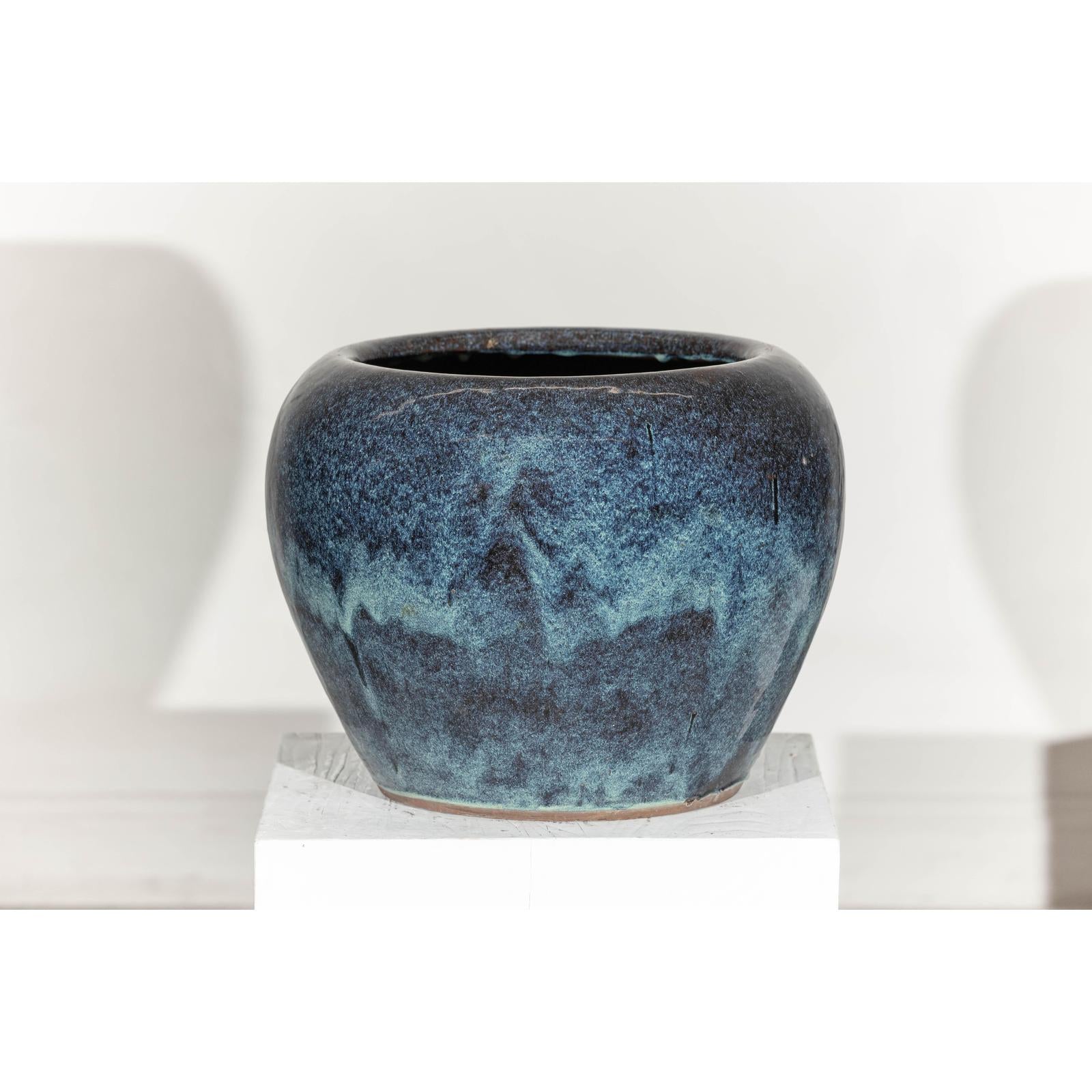 Large Blue and Aqua Glazed Ceramic Planter with Rounded Form