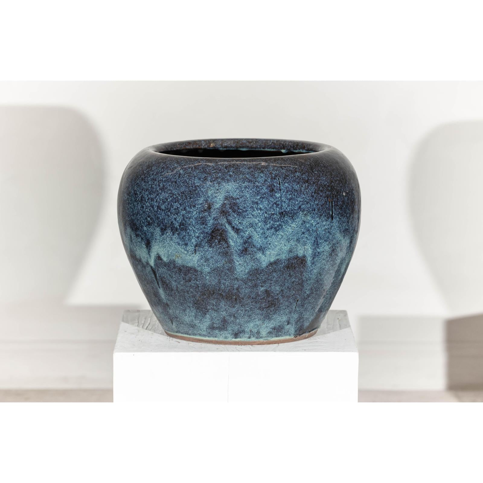 Large Blue and Aqua Glazed Ceramic Planter with Rounded Form