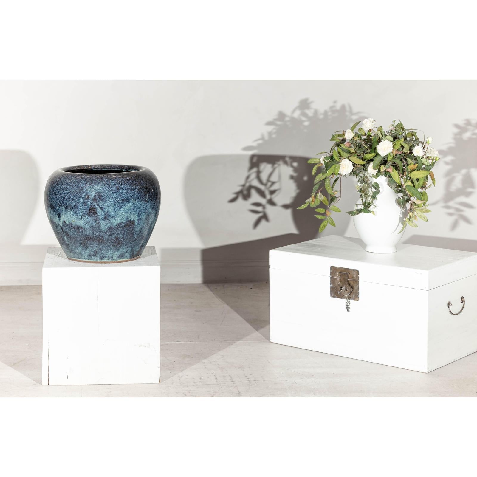 Large Blue and Aqua Glazed Ceramic Planter with Rounded Form