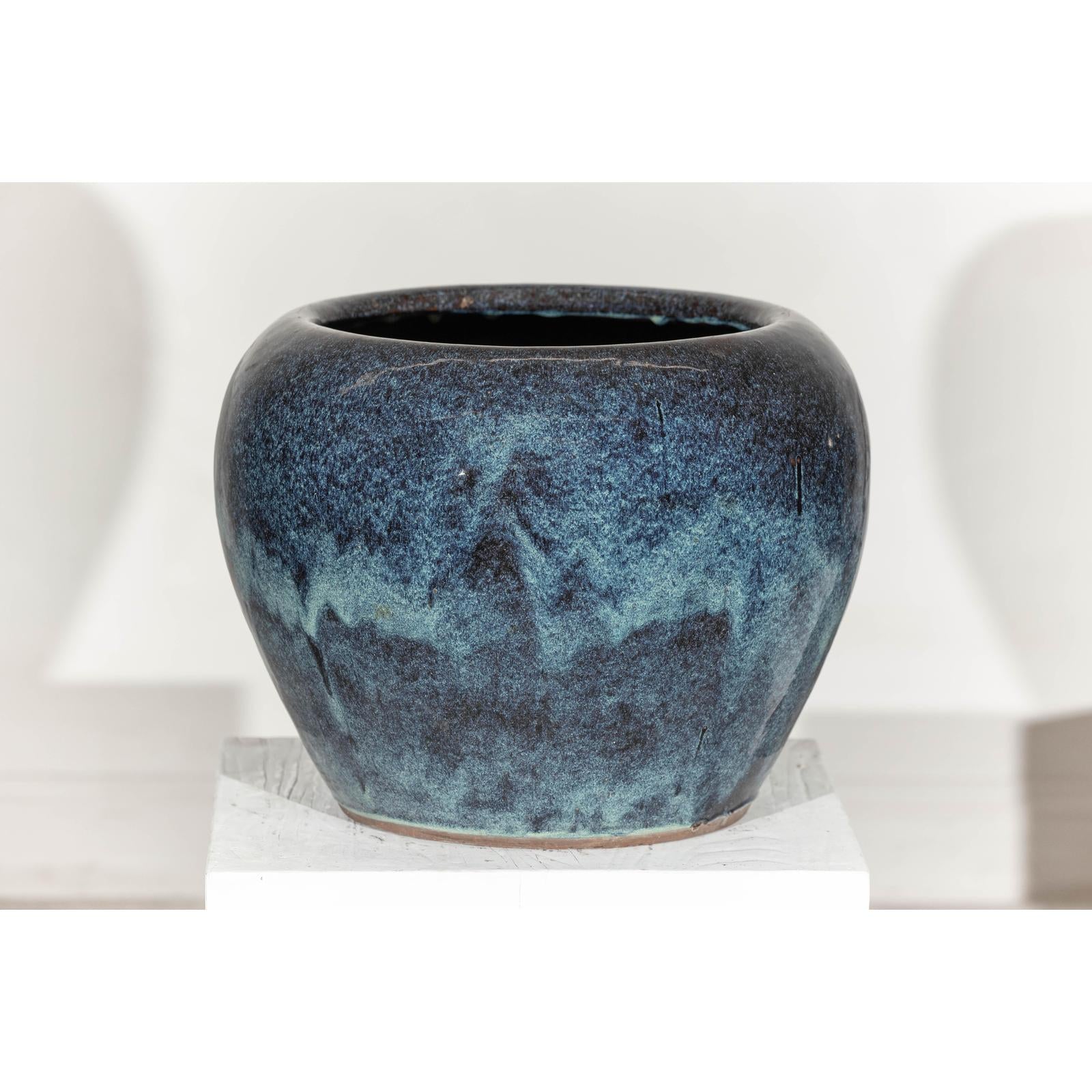 Large Blue and Aqua Glazed Ceramic Planter with Rounded Form