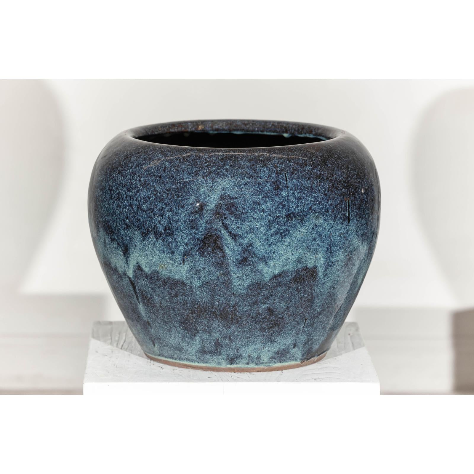 Large Blue and Aqua Glazed Ceramic Planter with Rounded Form