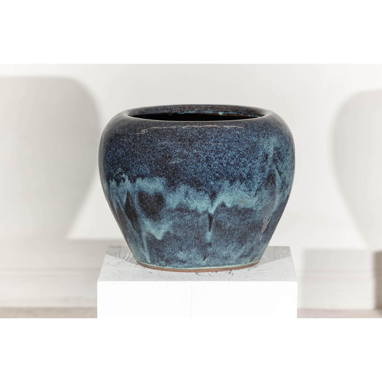 Large Blue and Aqua Glazed Ceramic Planter with Rounded Form