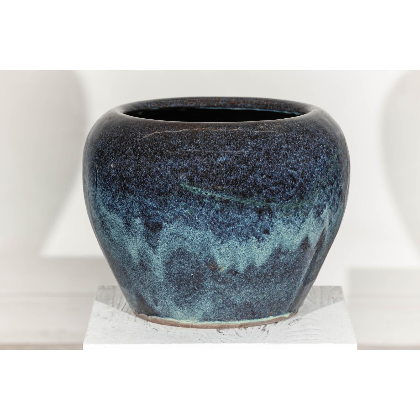 Large Blue and Aqua Glazed Ceramic Planter with Rounded Form